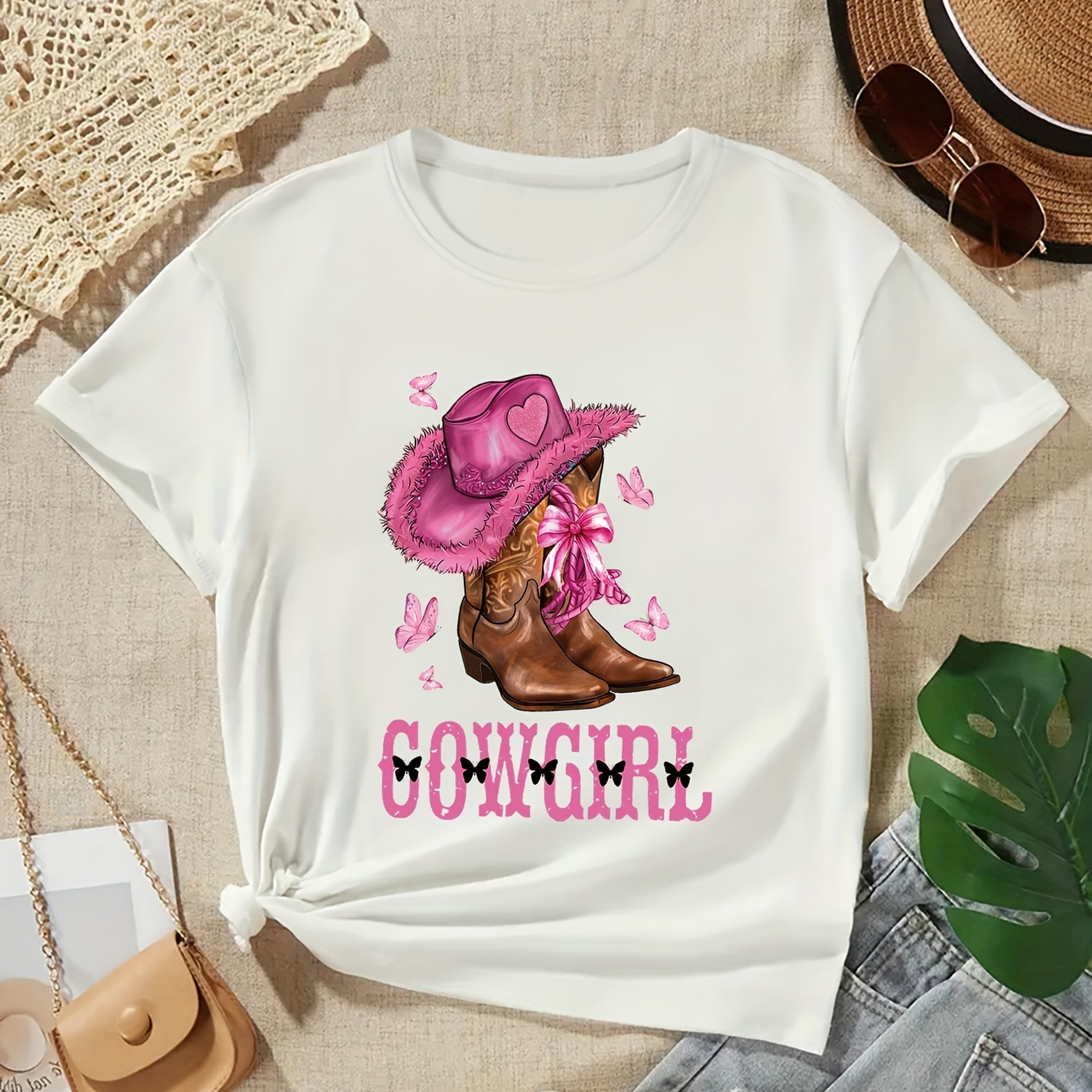 

Cowgirl Print Girls Creative T-shirt, Casual Lightweight Comfy Short Sleeve Crew Neck Tee Tops, Kids Clothings For Summer