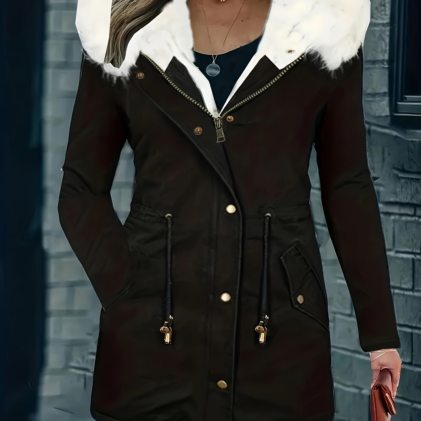 

Elegant Women's Hooded Coat With Fur Trim - Long Sleeve, Mid-length, Zip Detail, Machine Washable - Fall & Winter