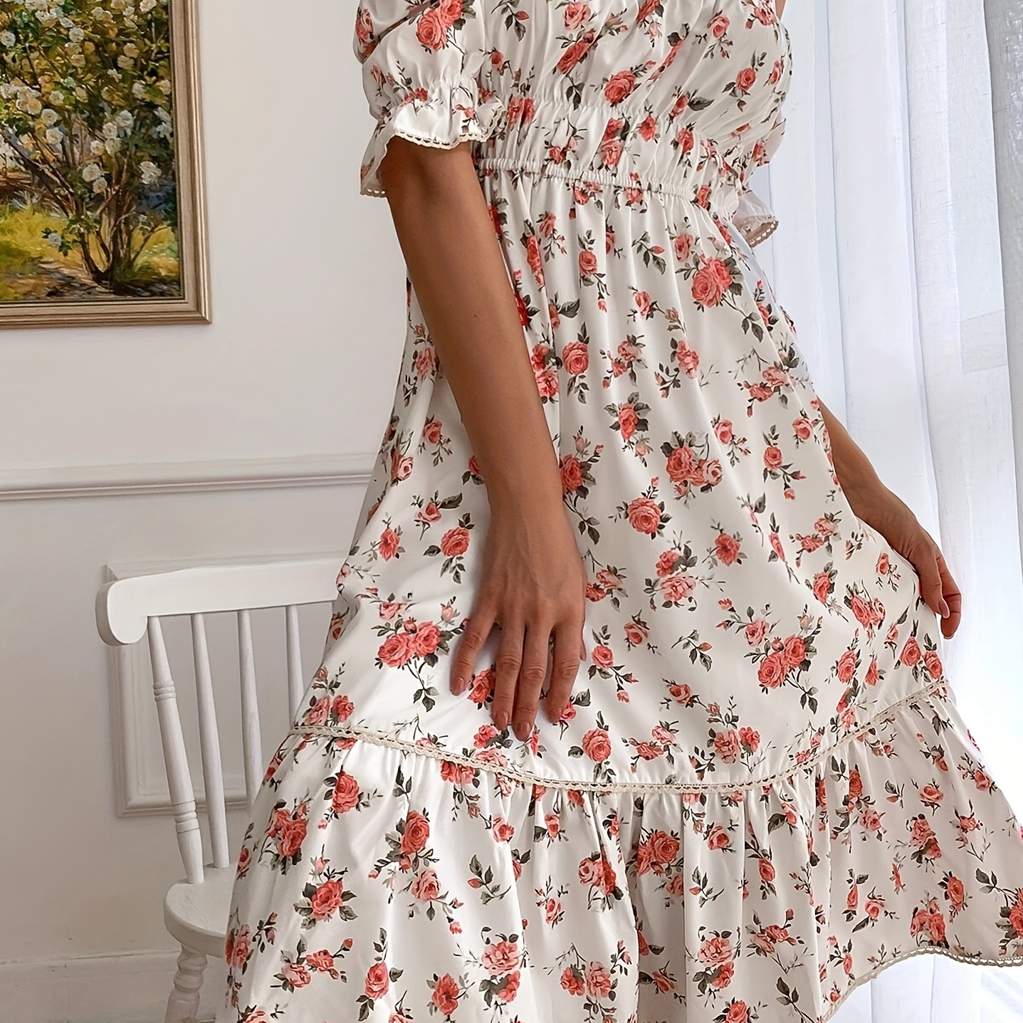 

Floral Print Ruffle Trim Dress, Elegant Short Sleeve Summer Dress, Women's Clothing