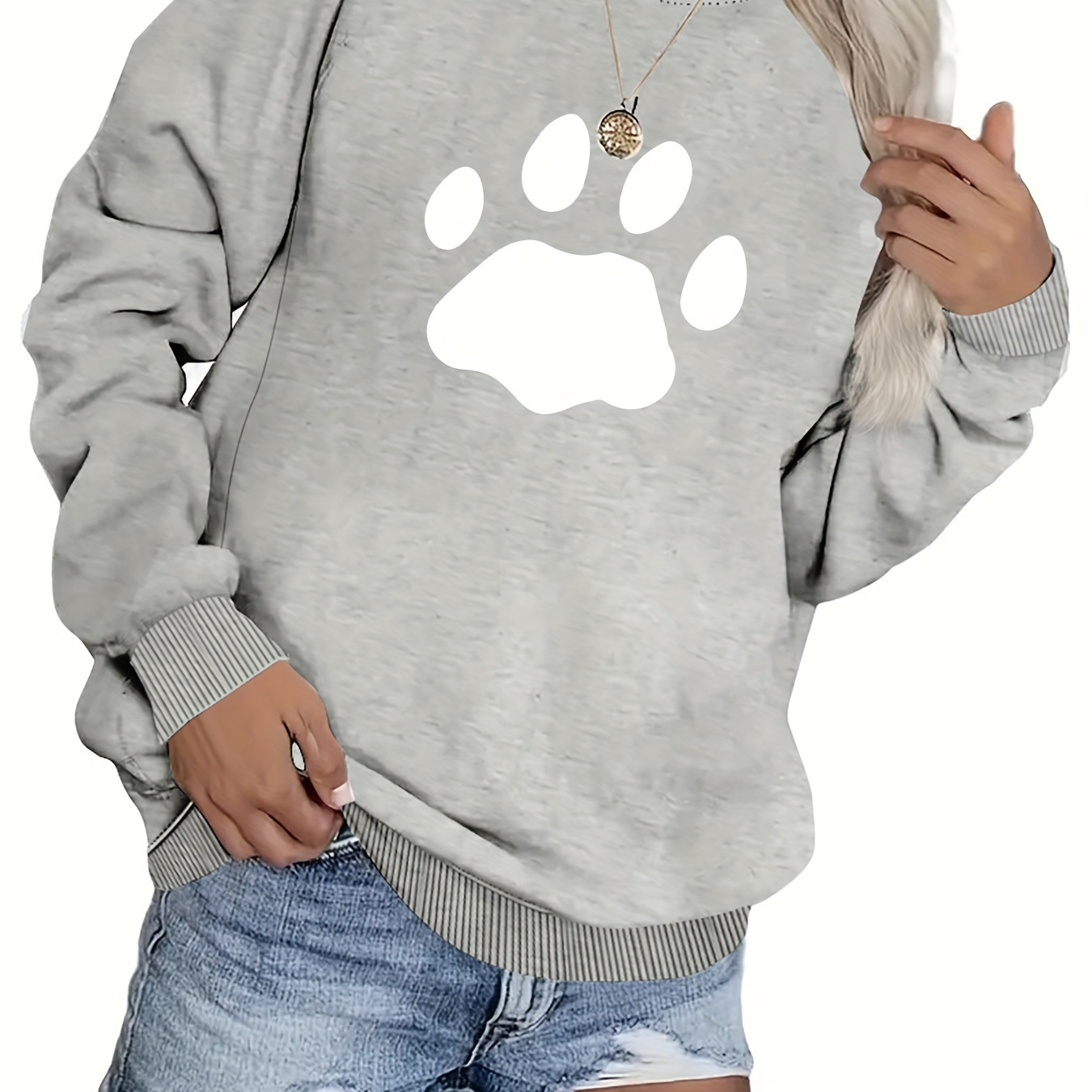 

Plus Size Casual Sweatshirt, Women's Plus Paw Print Long Sleeve Crew Neck Slight Stretch Pullover Sweatshirt, Casual Tops For Fall & Winter, Plus Size Women's Clothing
