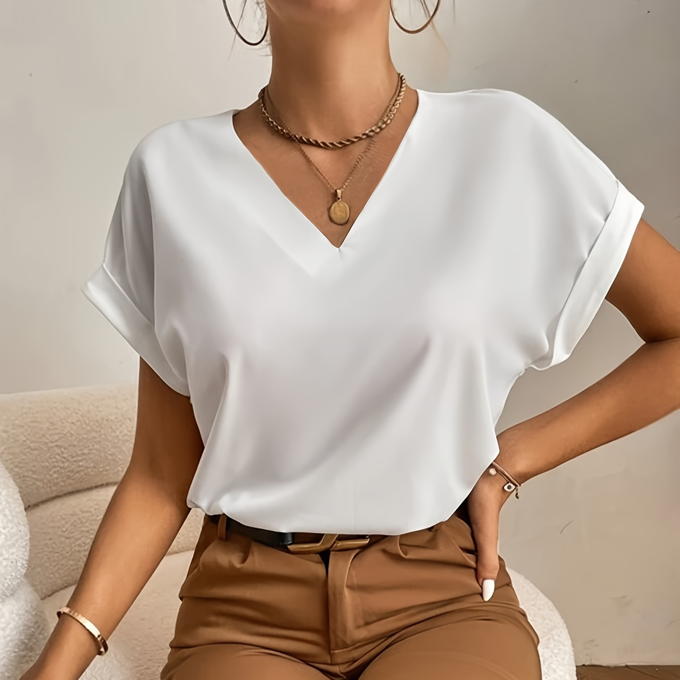

Solid Color V-neck Simple Blouse, Elegant Short Sleeve Blouse For Spring & Summer, Women's Clothing