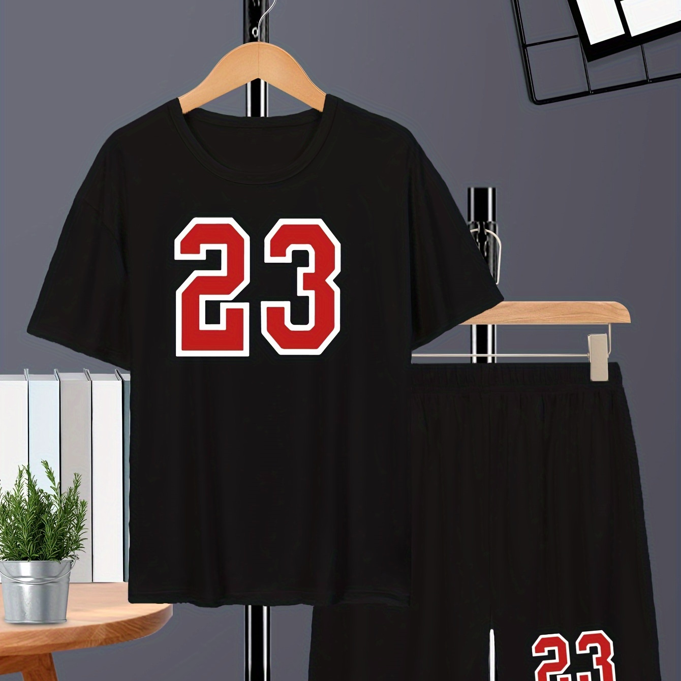 

2pcs, #23 Print Short Sleeve Crew Neck T-shirt + Shorts Set, Casual Breathable Set Summer Gift, Boys' Clothing
