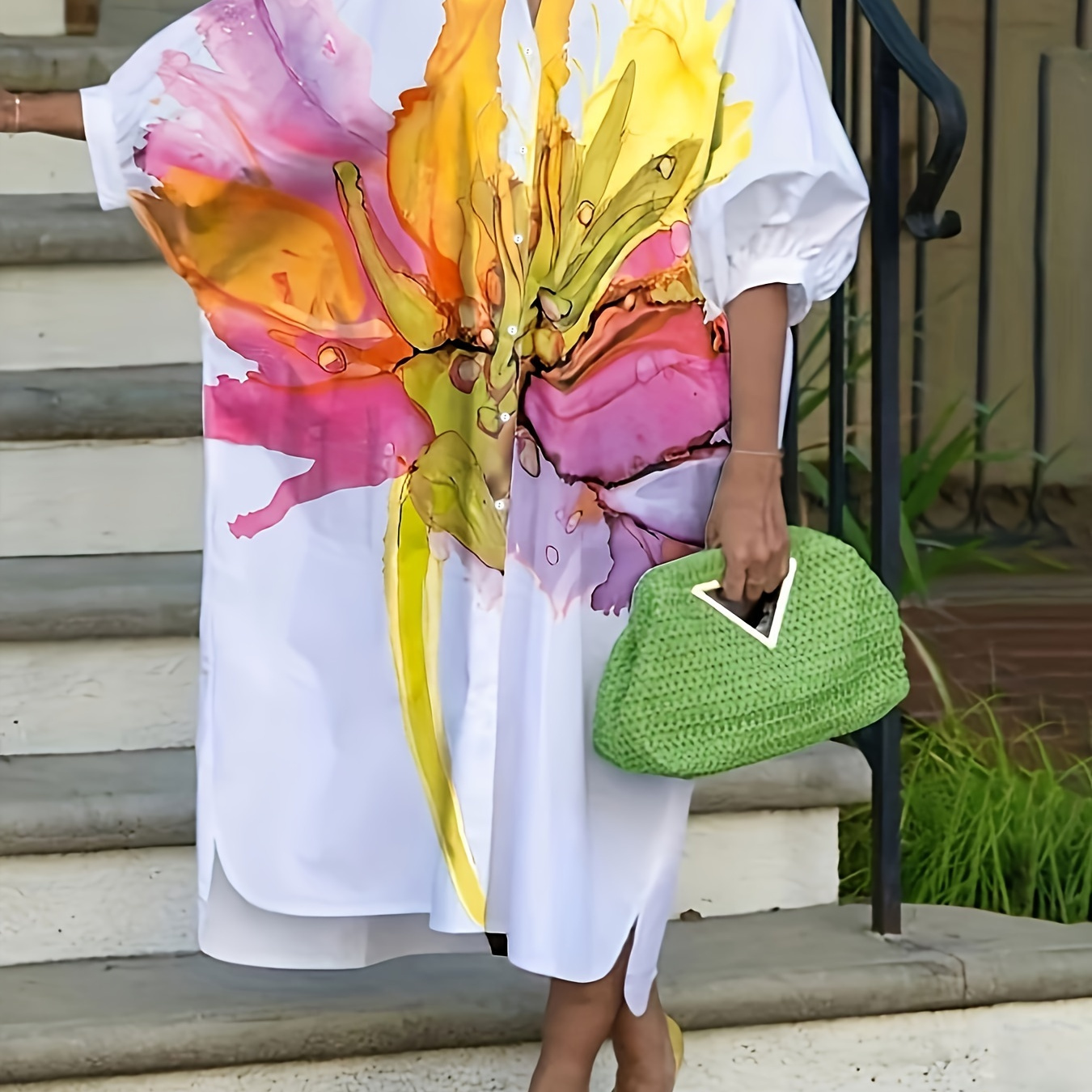 

Robe ample à imprimé floral coloré grande taille, robe décontractée à manches courtes boutonnée sur le devant pour le printemps et l'été, vêtements grande taille pour femmes