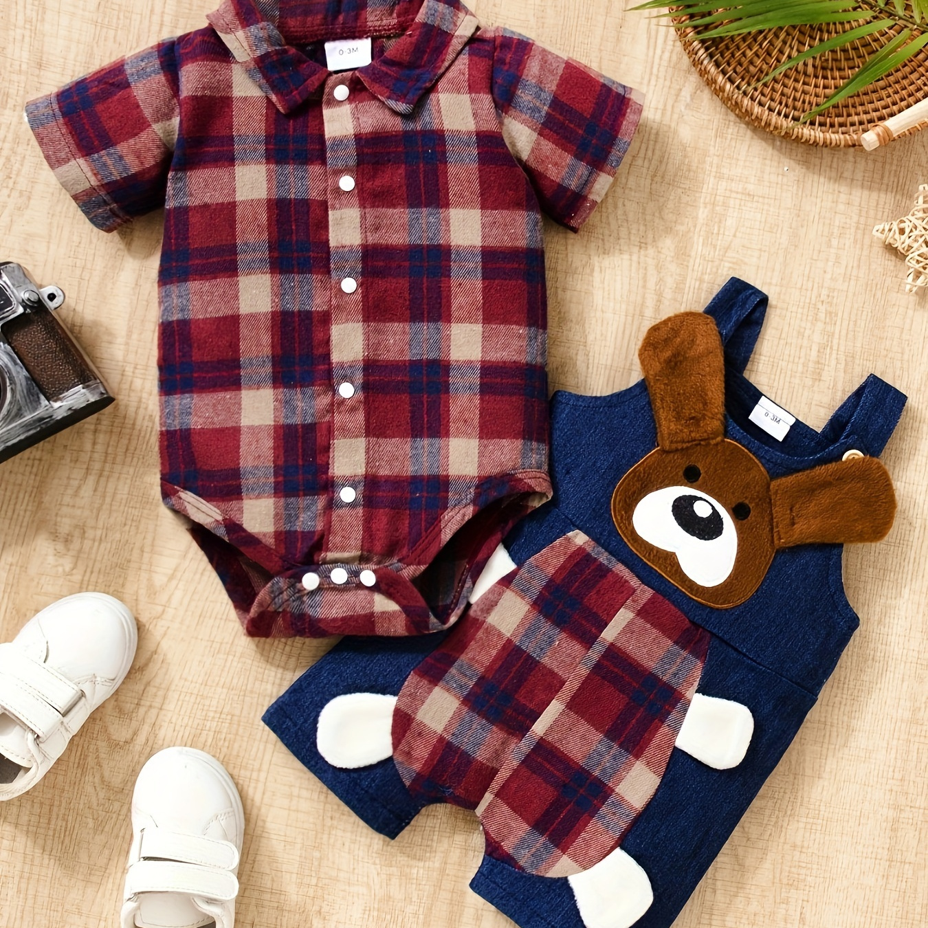 

2pcs Infant & Toddler's Plaid Summer Set, Short Sleeve Plaid Triangle Bodysuit & Cute Dog Embroidery Patched Suspender Shorts, Baby Boy's Clothes