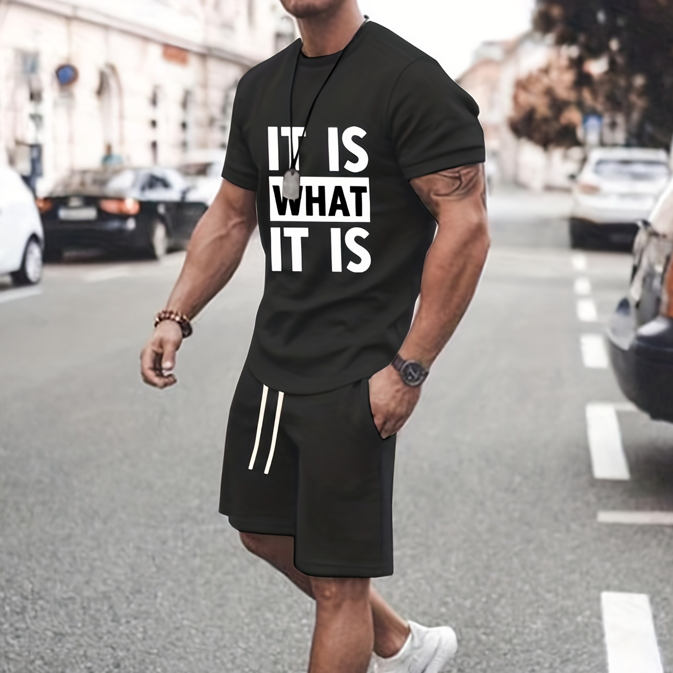 Plus Size Men's "IT IS WHAT IT IS" Graphic Print T-shirt Shorts Set For Sports, Oversized Fashion Casual Style 2Pcs Outfits, Men Clothing