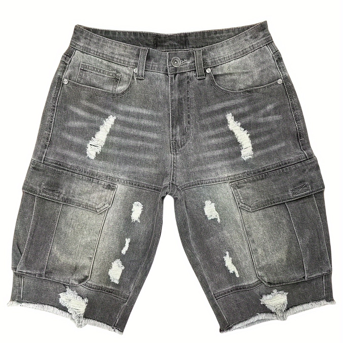 

Men's Casual Distressed Denim Shorts, Knee Length, Frayed Hem, Gray Washed Jeans With Pockets, Style E911820-dg-e5