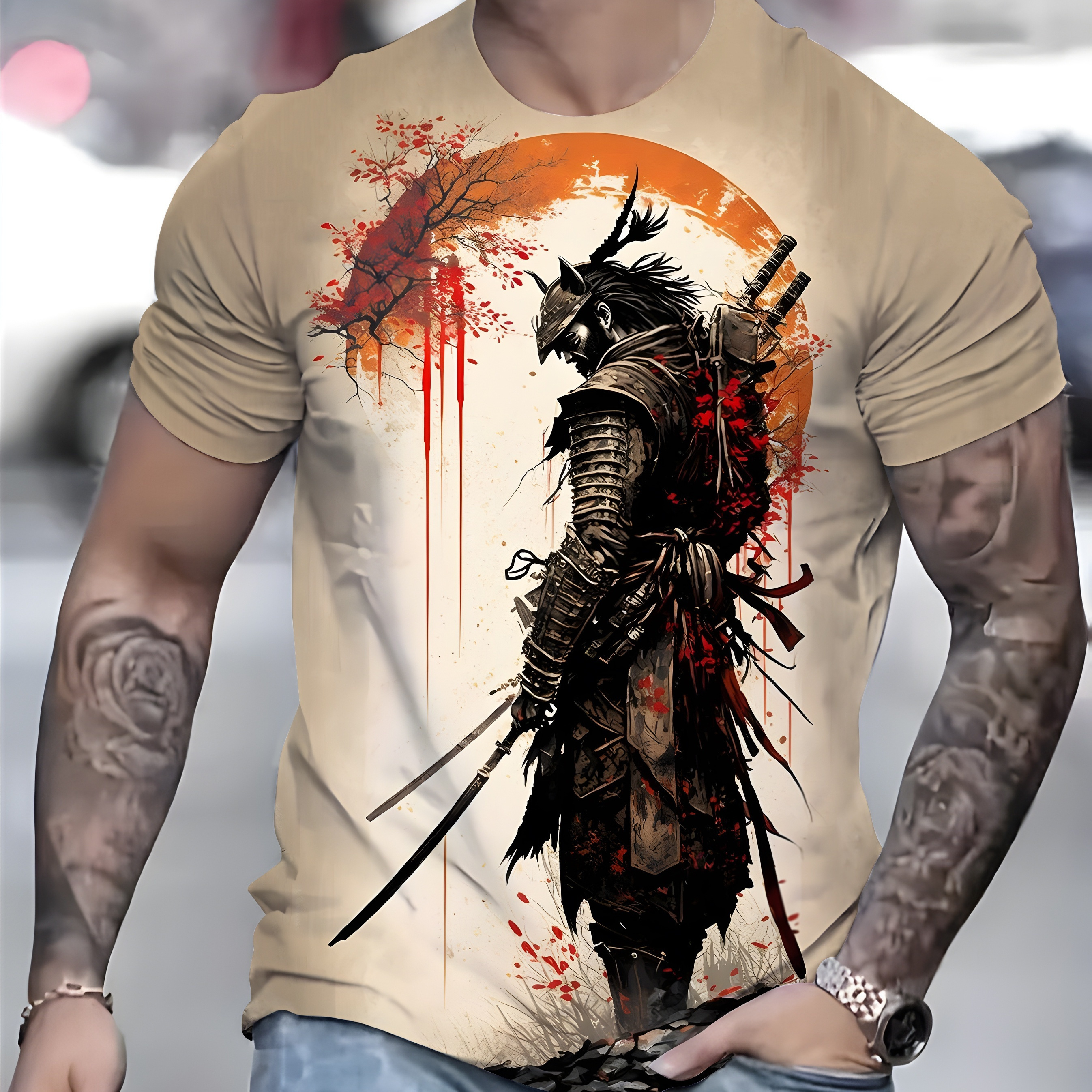 

T-shirt à col rond imprimé en 3D avec motif de style samouraï pour hommes, idéal pour l'été, les tenues décontractées quotidiennes et les vacances en station balnéaire