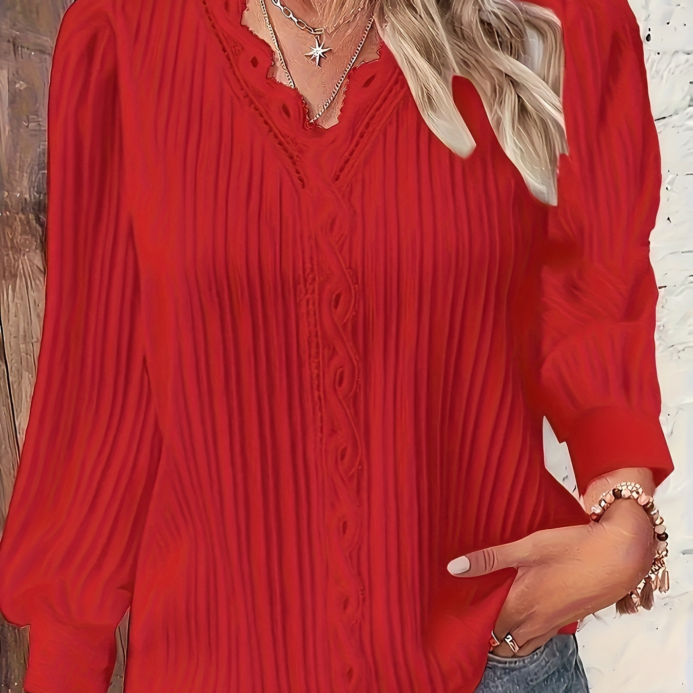 

Plus Size Lace Trim Textured Blouse, Elegant V Neck Long Sleeve Top For Spring & Fall, Women's Plus Size Clothing