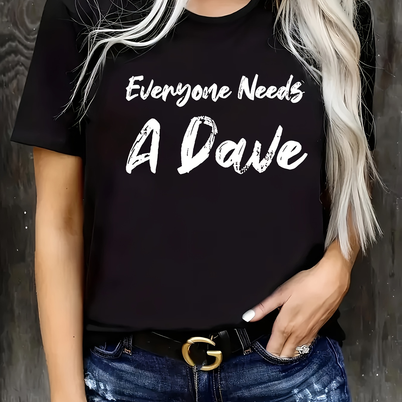 

A Dave Print Crew Neck T-shirt, Short Sleeve Casual Top For Summer & Spring, Women's Clothing