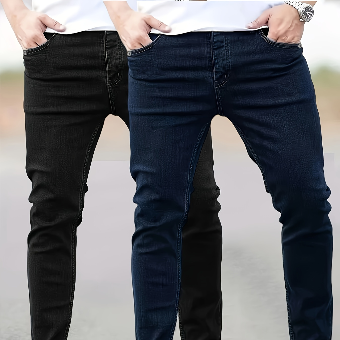 

2pcs Men's Slim Fit Stretch Jeans, Comfy Denim Pants, Suitable For All , Outdoor Cloth