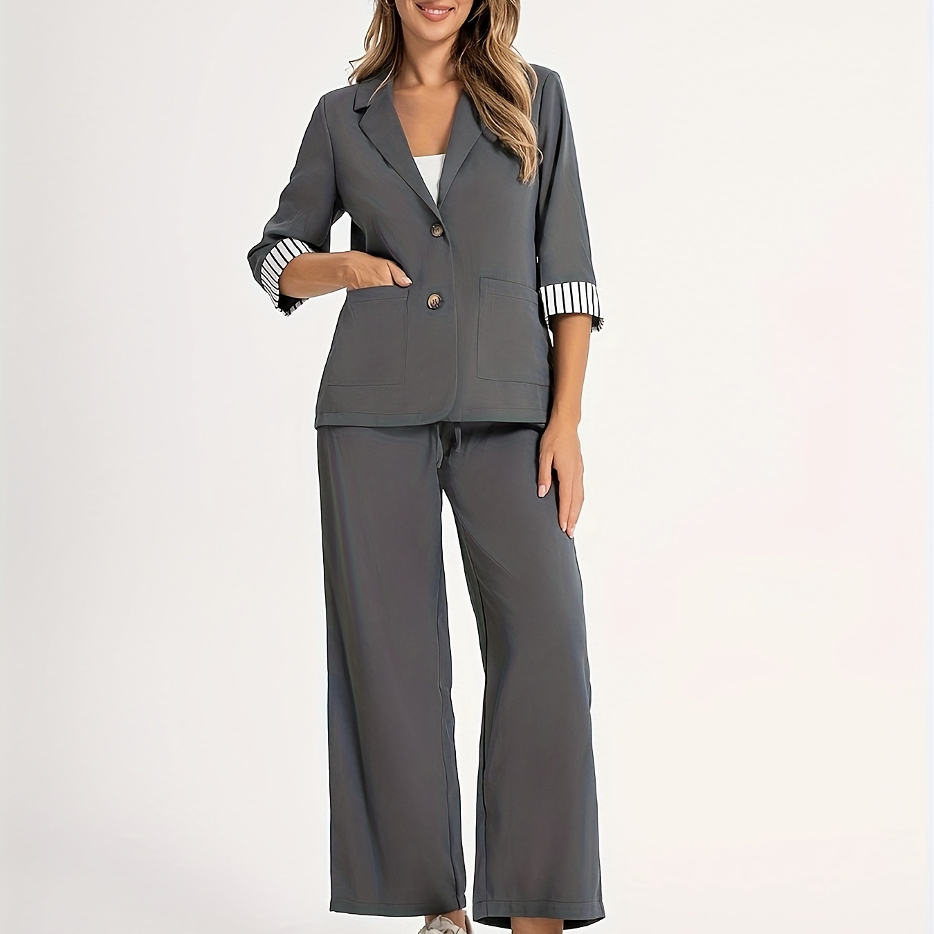 

Ensemble pièces élégant, Blazer à rayures à - avec col à et poches à simple boutonnage et pantalon large à taille élastique, Tenues pour femmes