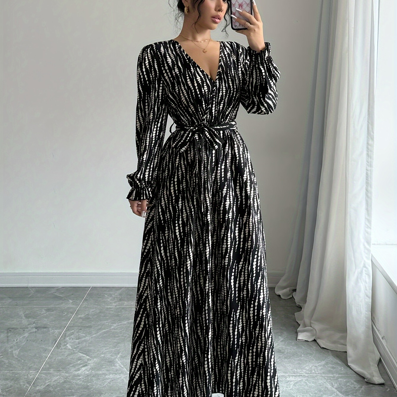 

1pc - A- Long V- And Sleeves, Polyester , Printed Pattern, , Non-stretch , , / Women,