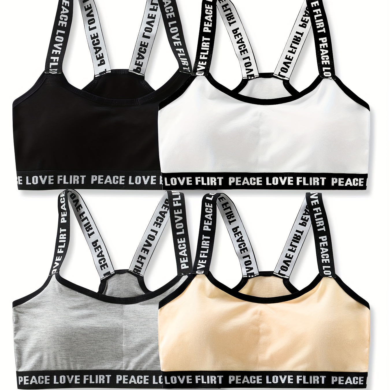 

4pcs Girl's Sports Bra, Multiple Colors Underwear, Letter Print Shoulder Strap, Breathable Comfy Soft Bralette For Students Teens 7-14 Years Old