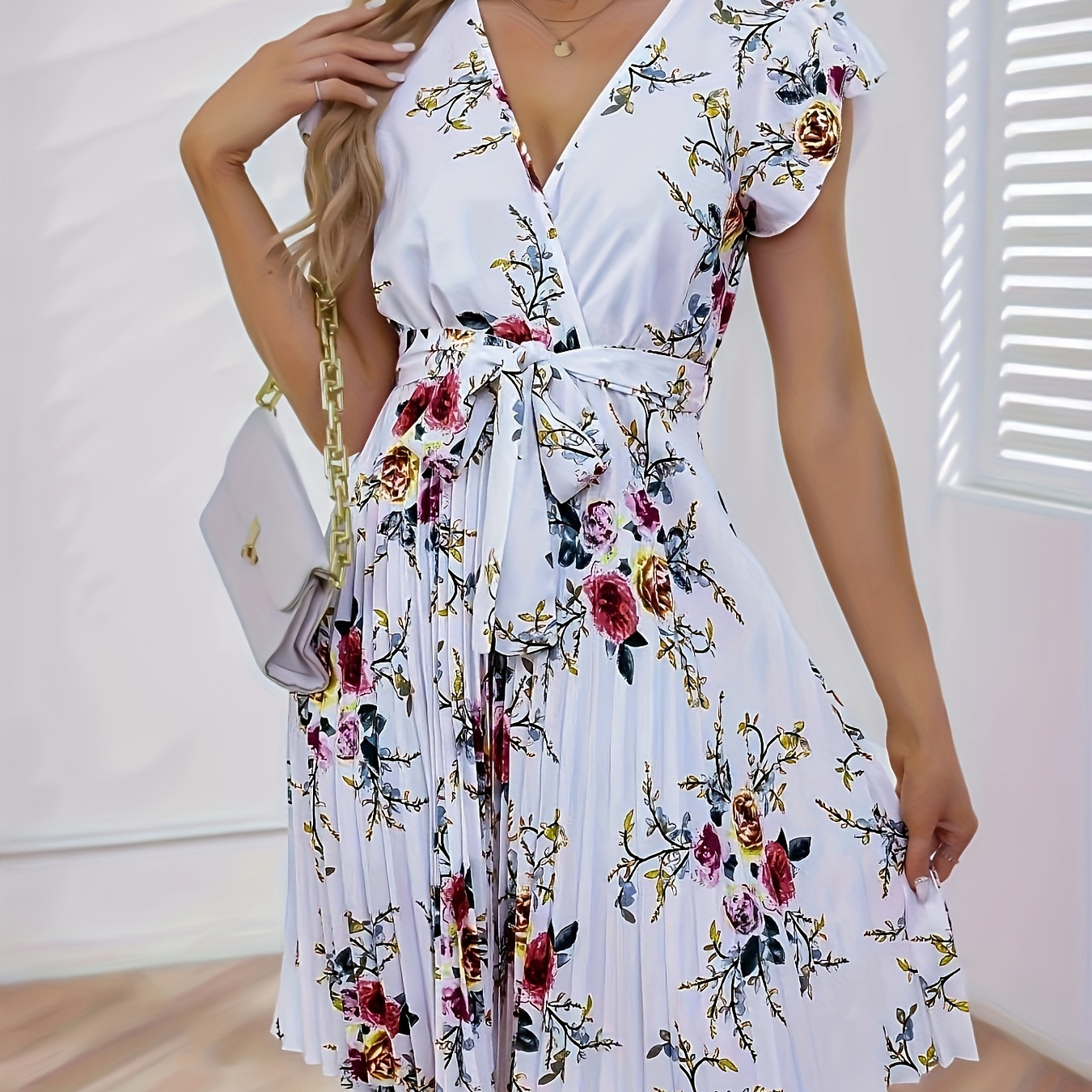 

Floral Print Surplice Neck Dress, Elegant Ruffle Sleeve Belted Pleated Dress For Spring & Summer, Women's Clothing