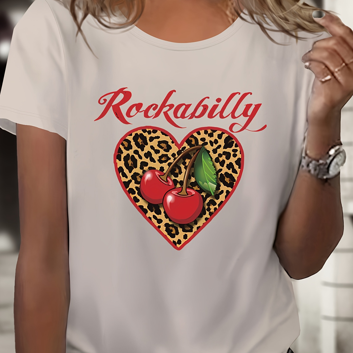 

1pc Rockabilly Cherry Heart Women's T-shirt, Casual Crew Neck Short Sleeve, Polyester Knit Fabric, Spring/summer Fashion Top - 6697