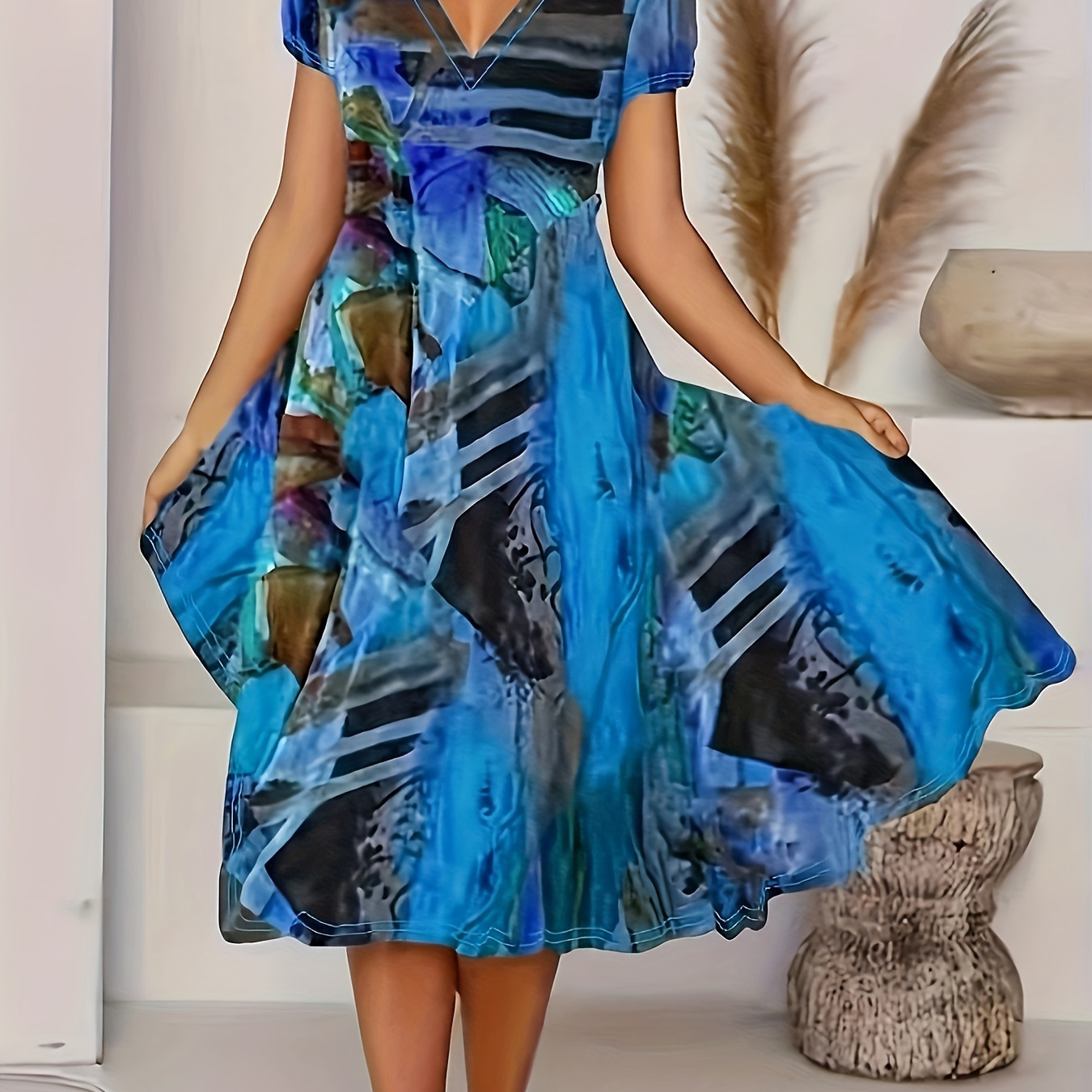 

Vibrant Bohemian V-neck Short Sleeve Dress - Abstract Print, Lightweight Polyester, A-line Flare For Summer