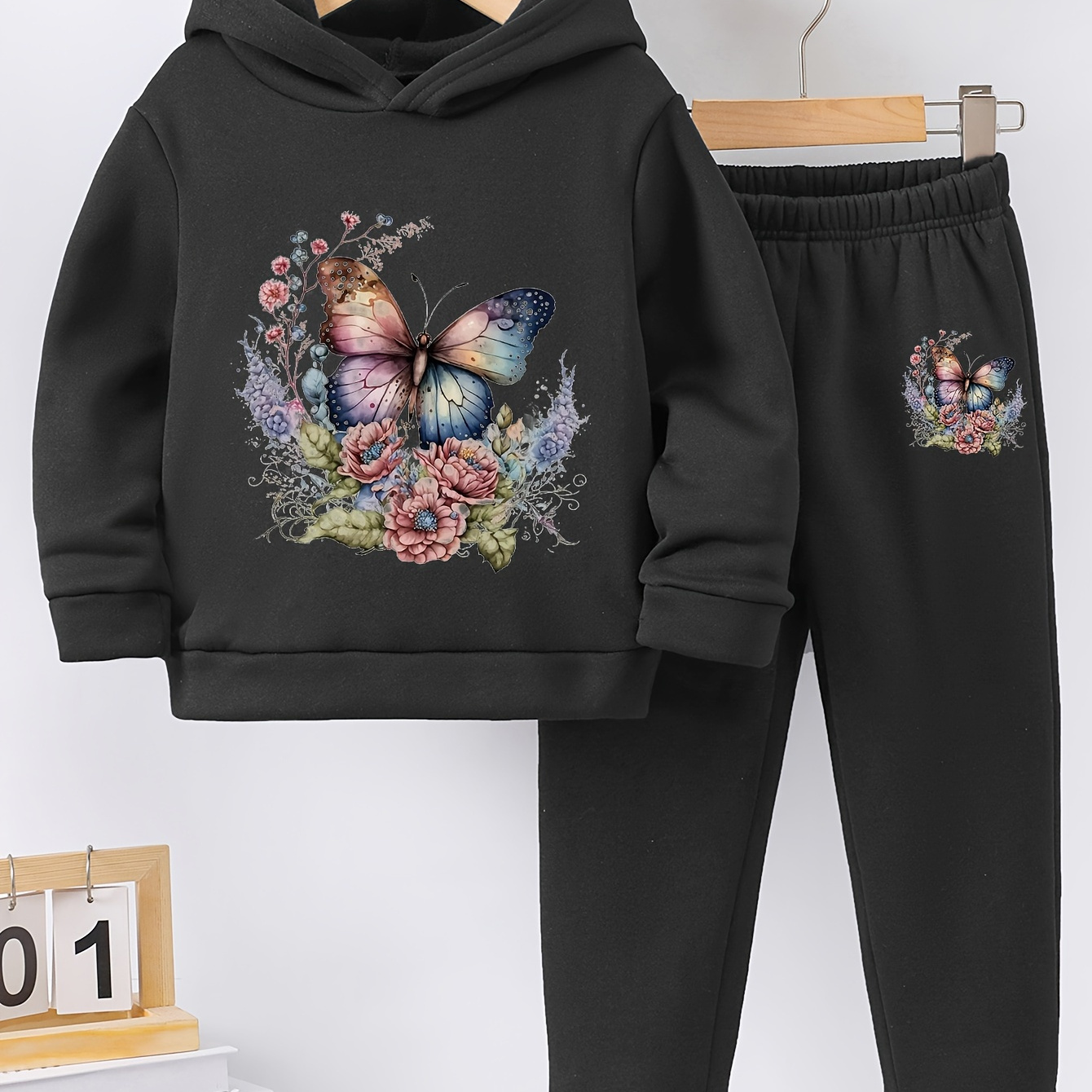

Girls' 2pcs Hoodie & Sweatpants Set, Cartoon Floral Butterfly Print, Comfortable Fashion Tracksuit, Spring/autumn Outfit