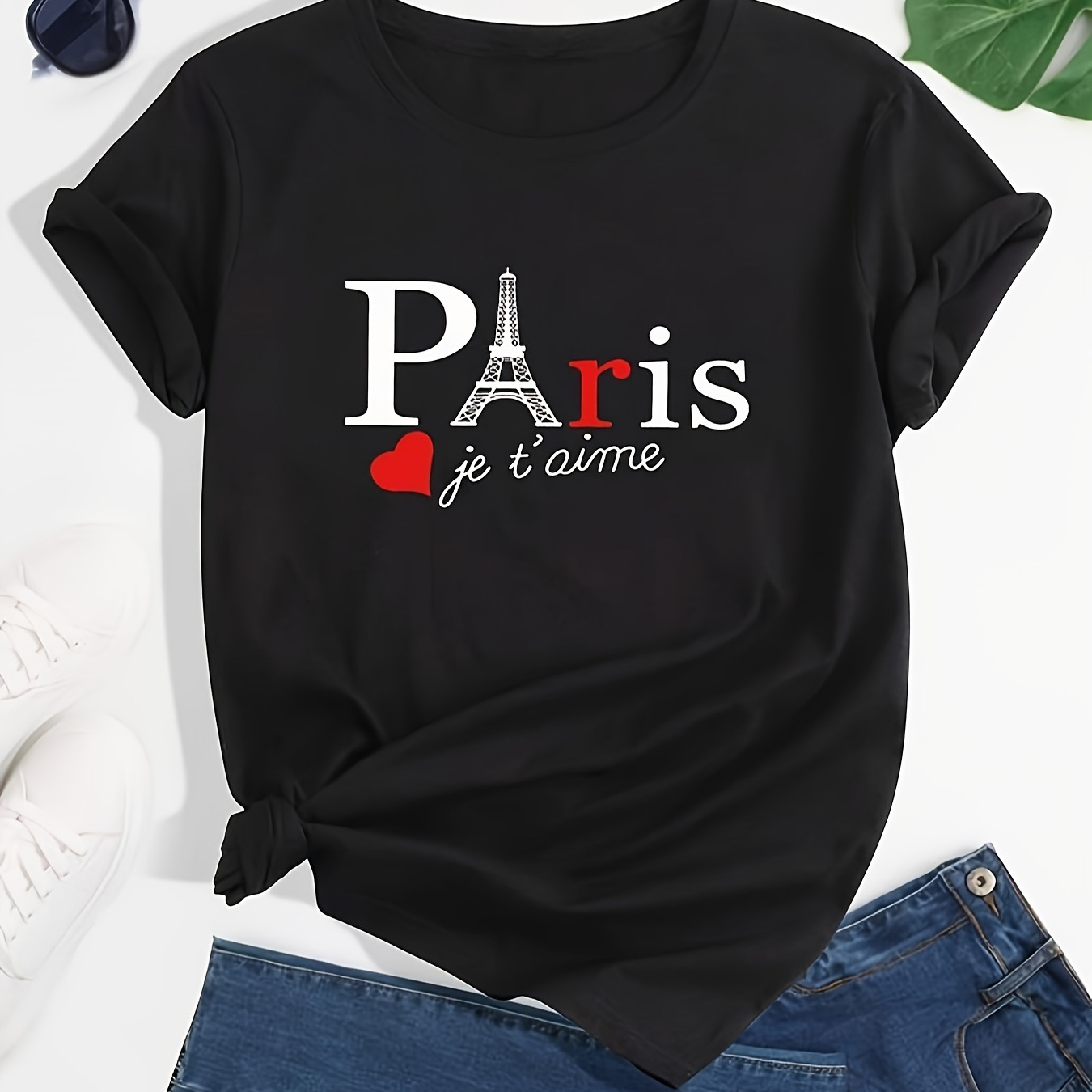 

Plus Size Paris Print T-shirt, Casual Short Sleeve Crew Neck T-shirt, Women's Plus Size Clothing