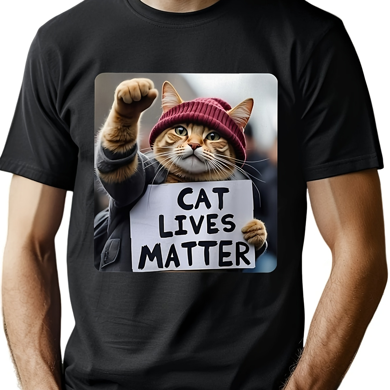

Cotton T-shirt - Casual Black Crew Neck Tee With Stretch, Machine Washable, Fit For Adults, Cat Shirt