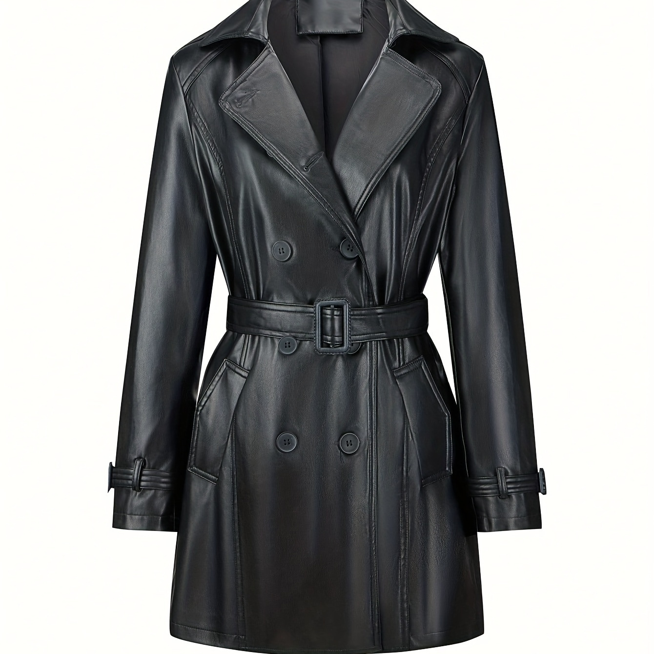 

Elegant Women's Leather Trench Coat With Belt - Lightweight, Jacket For Spring/fall