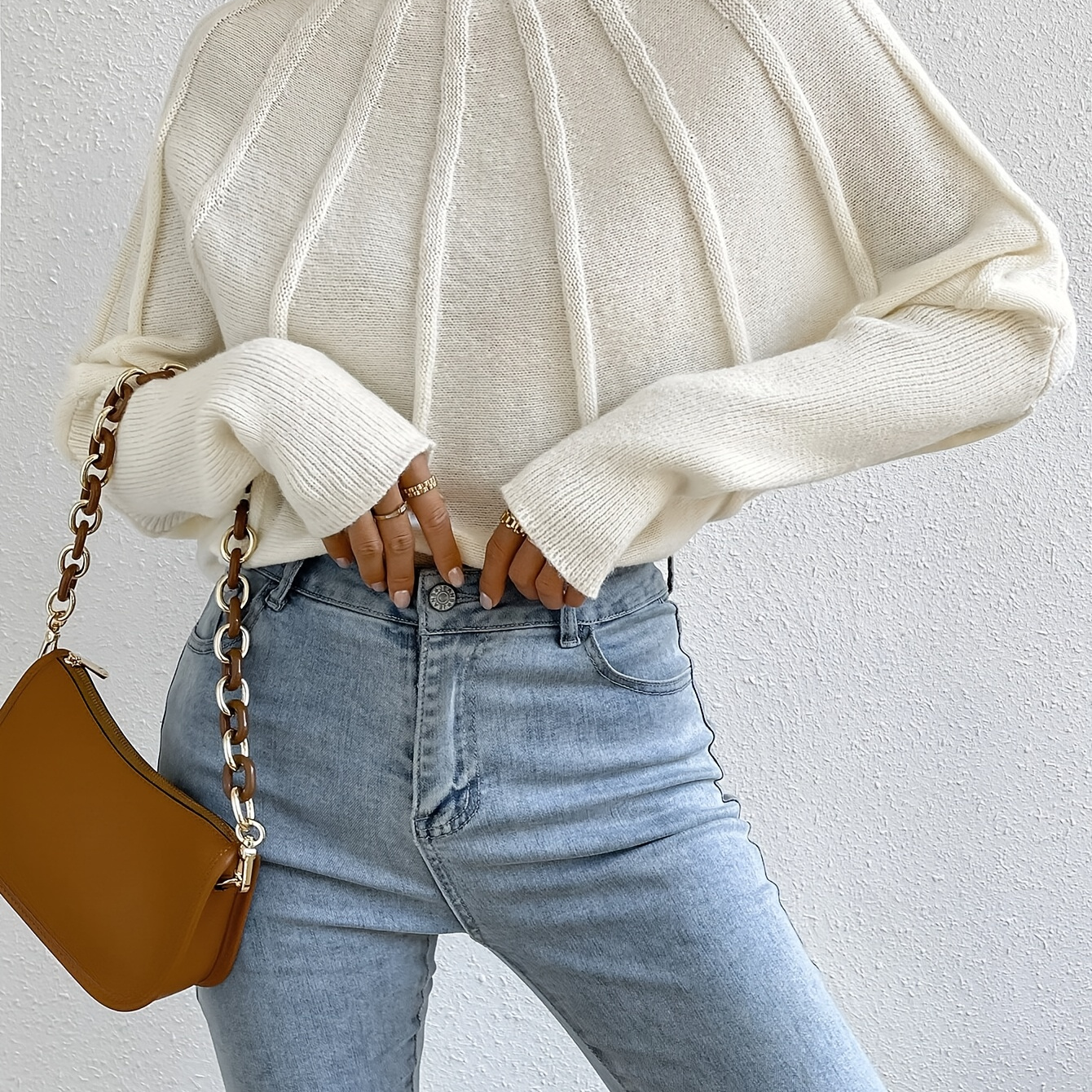 

Solid Color Mock Neck Sweater, Elegant Long Sleeve Sweater For Fall & Winter, Women's Clothing