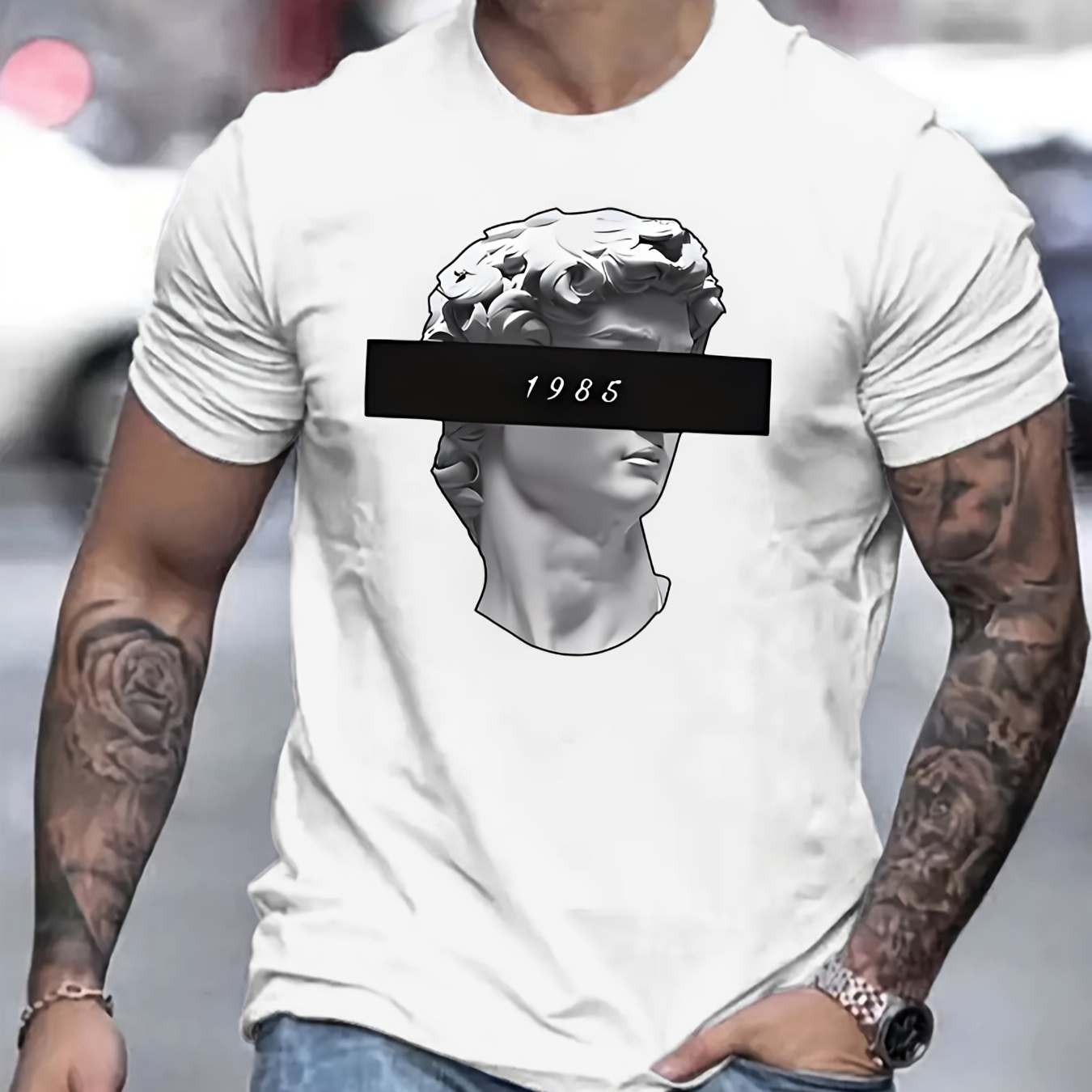 

Greek Head Statue Print T Shirt, Tees For Men, Casual Short Sleeve T-shirt For Summer