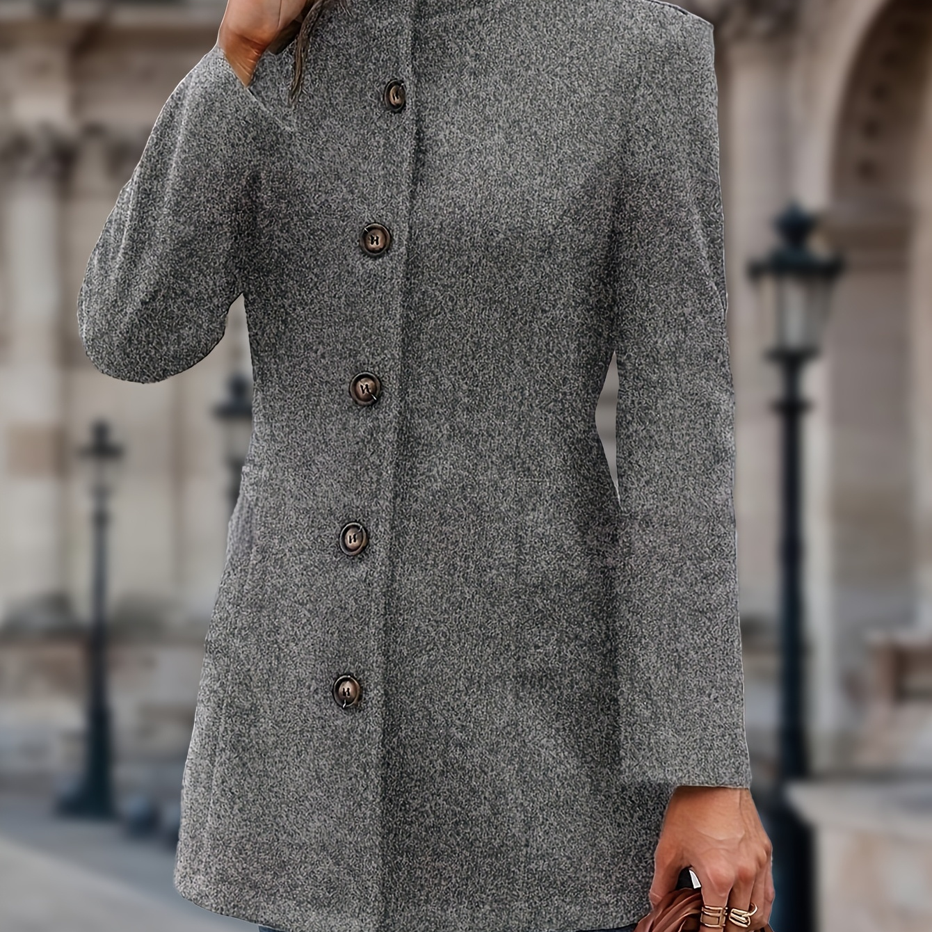 

Manteau Chic Uni en Mélange de pour Femme - Col V Décontracté, Manches Longues avec Détail de Boutons, Lavable en Machine