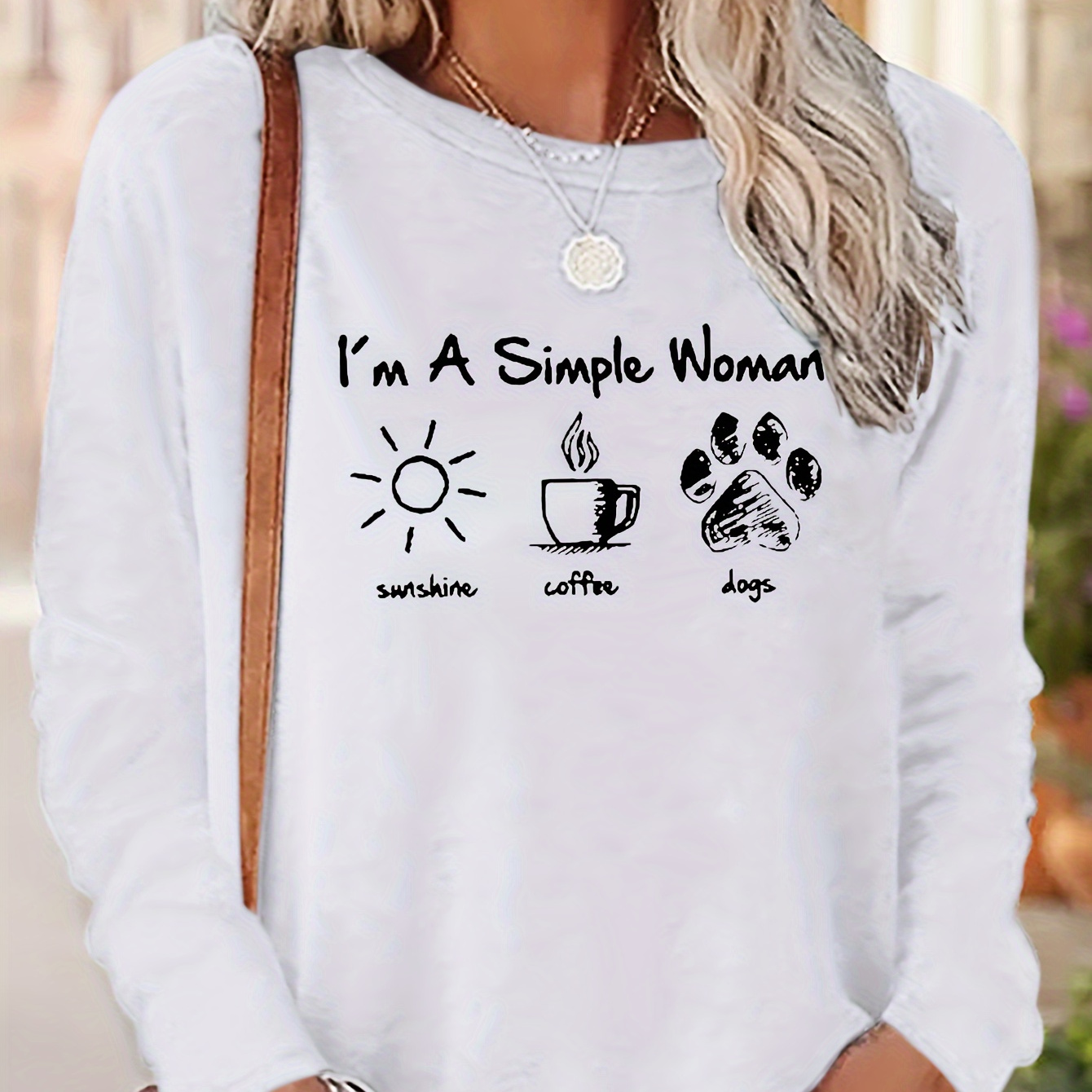 

Women's Casual Crew Neck Long Sleeve T-shirt With Sunshine, Coffee, And Dog Paw Print Applique, 100% Polyester Knit Fabric, Geometric Pattern, Regular Length - Spring And Fall