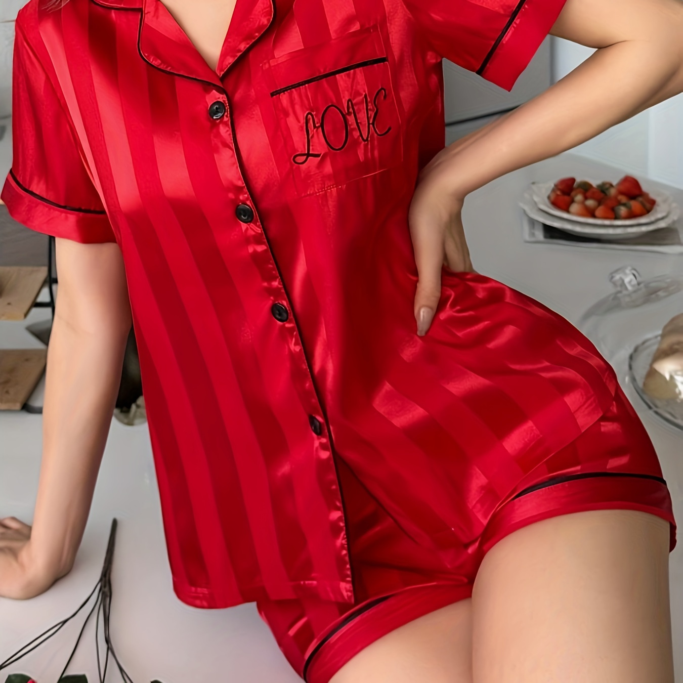

Women's Letter Embroidery Striped Satin Casual Pajama Set, Short Sleeve Buttons Lapel Top & Shorts, Comfortable Relaxed Fit