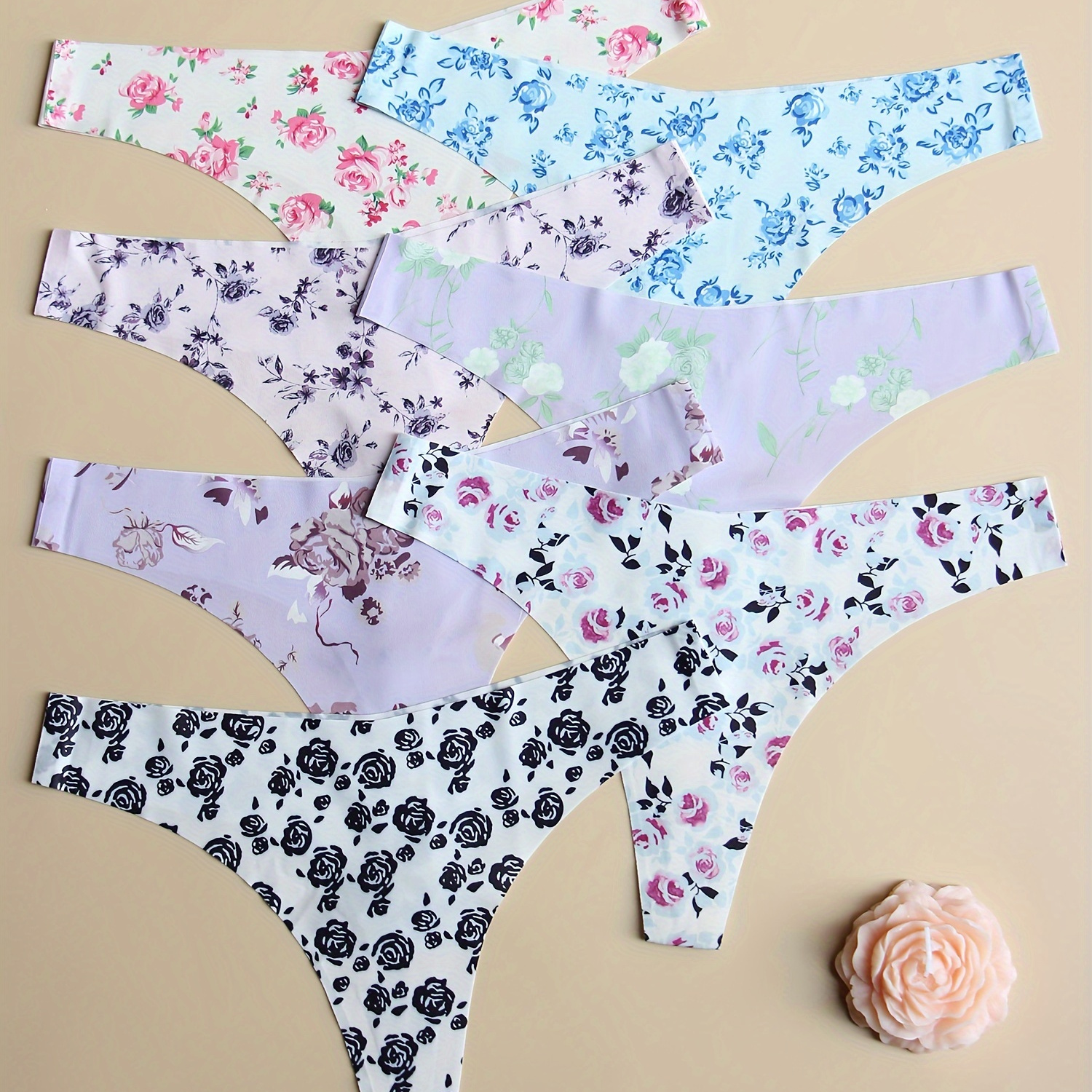 

7pcs Digital Print Women's Panties Thongs Low Waist Elegant Flowers No Trace Comfortable Soft Breathable All Seasons Universal