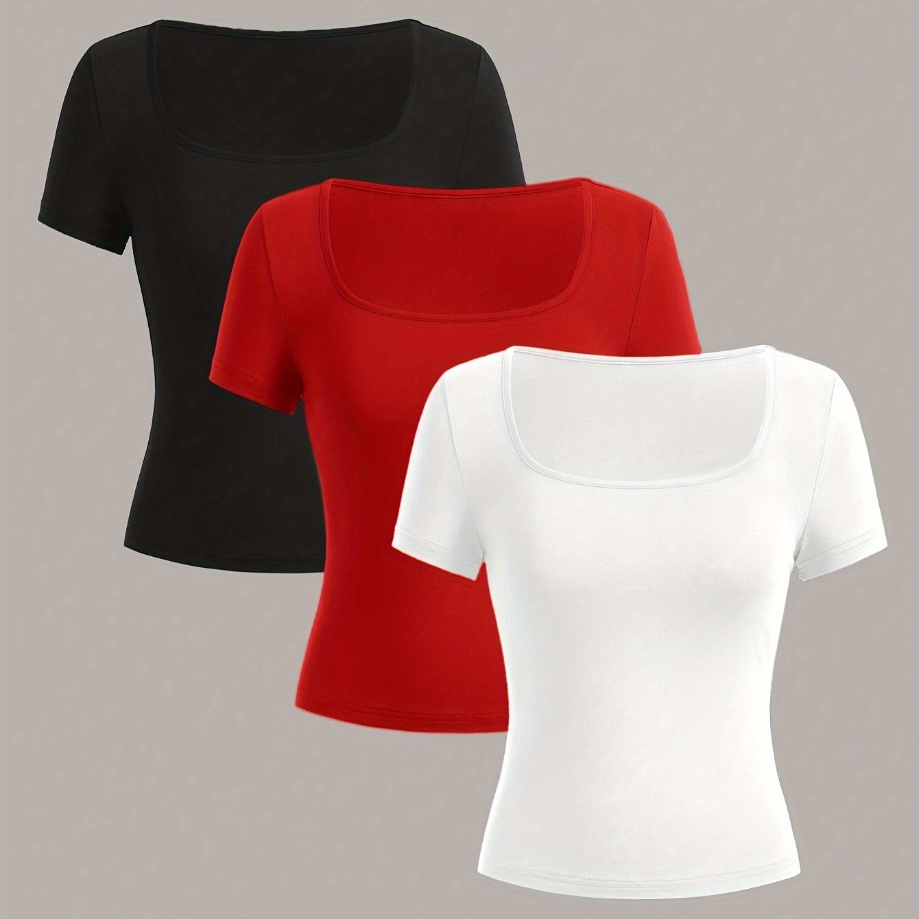 

3pcs Solid Neck T-shirt, Casual Short Sleeve Slim Top For , Women's Clothing
