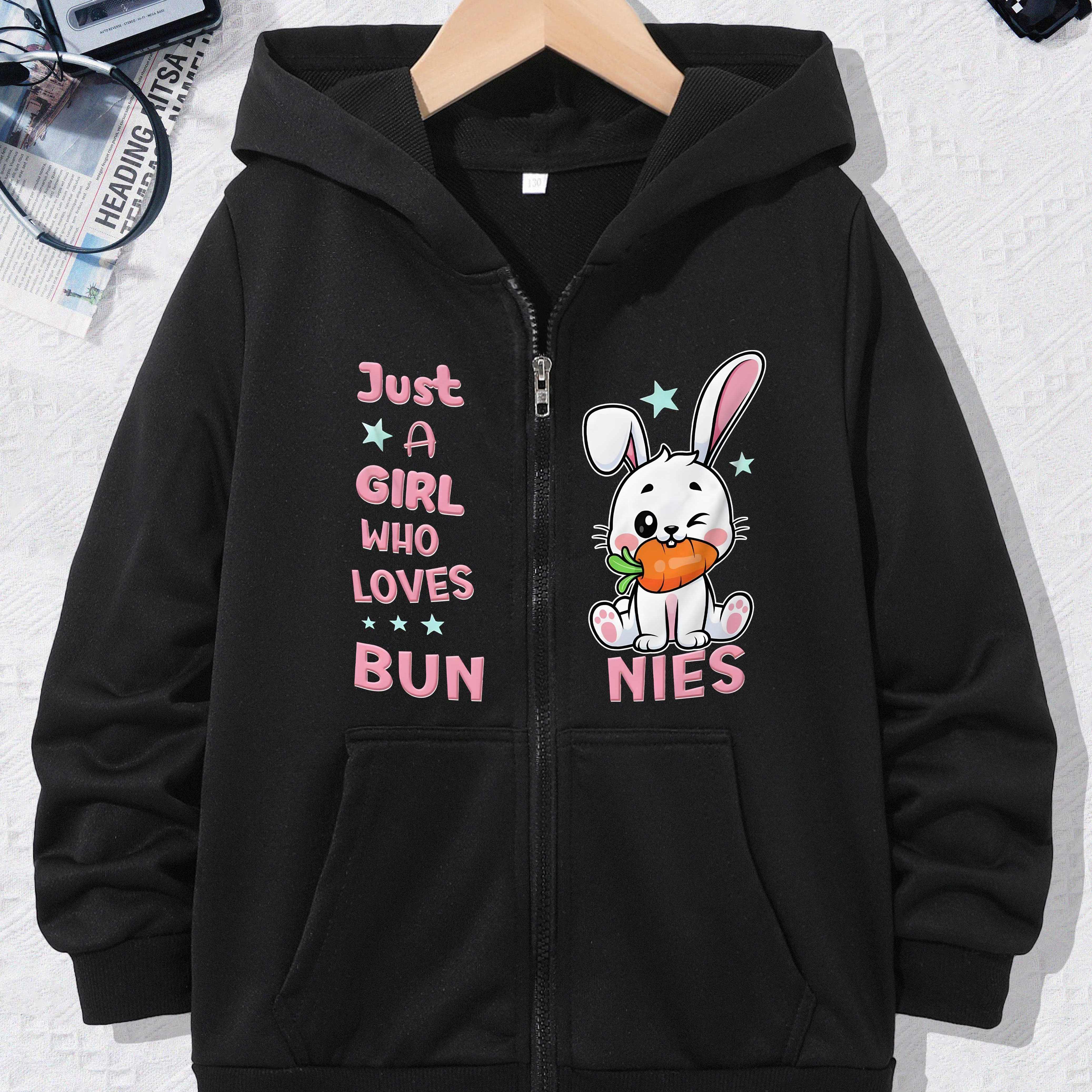 

Just A Girl Who Loves Buns And Cartoon Bunny Graphic Print, Girls' Casual Zip Up Hoodie, Long Sleeve Jacket Sweatshirt With Pockets For Fall And Winter