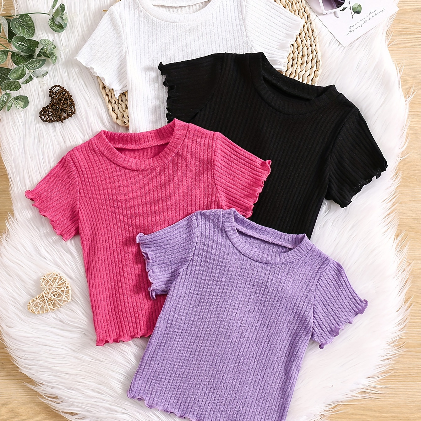 

4pcs Girls' Summer Basic Tees Rib-knit Breathable Short Sleeve Solid Color T-shirt Tops