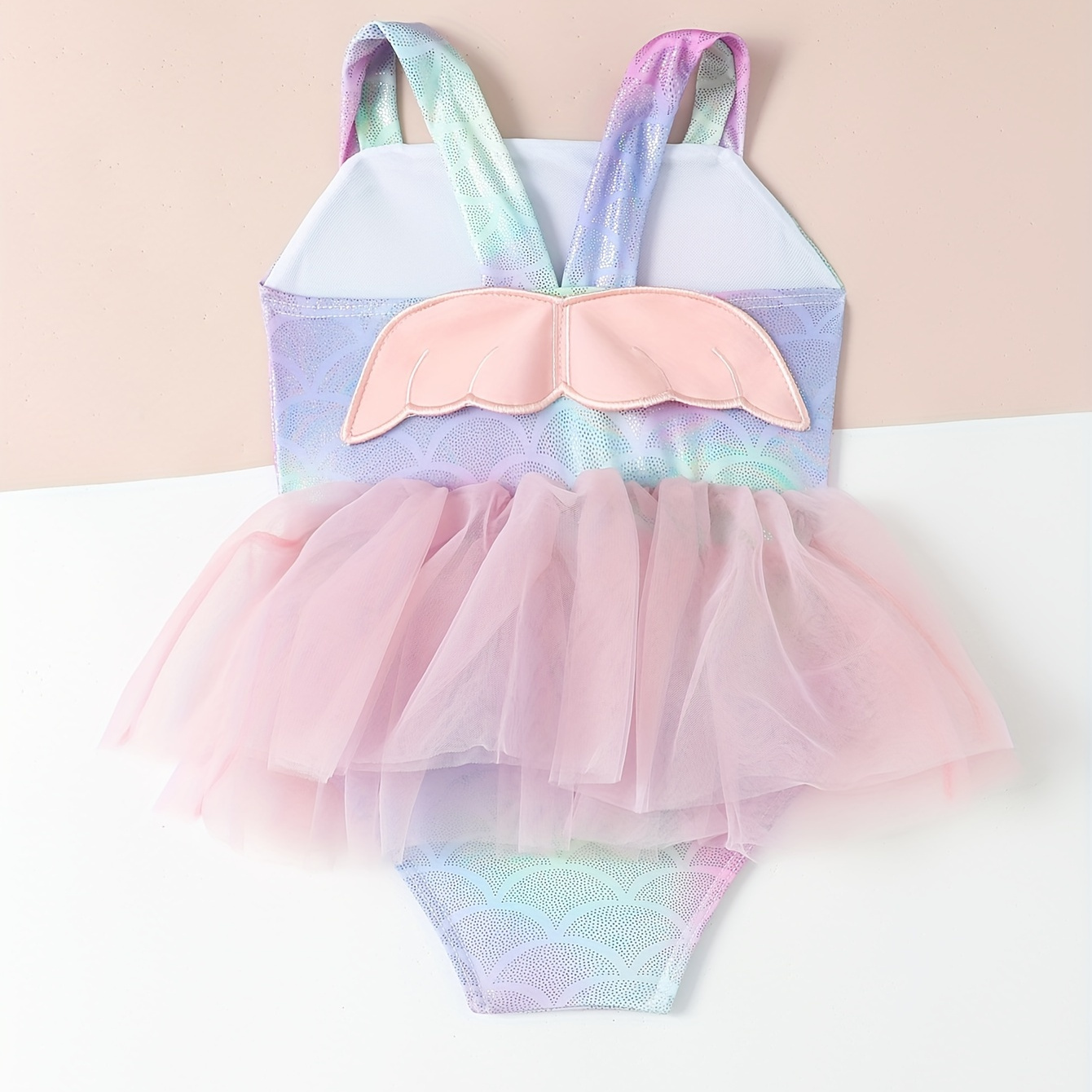 

Little Girls Princess Bathing Suit 1-piece Fish Scales Print Mesh Skirted Cute Swimsuit, Cute Girls Beach Holiday Swimwear