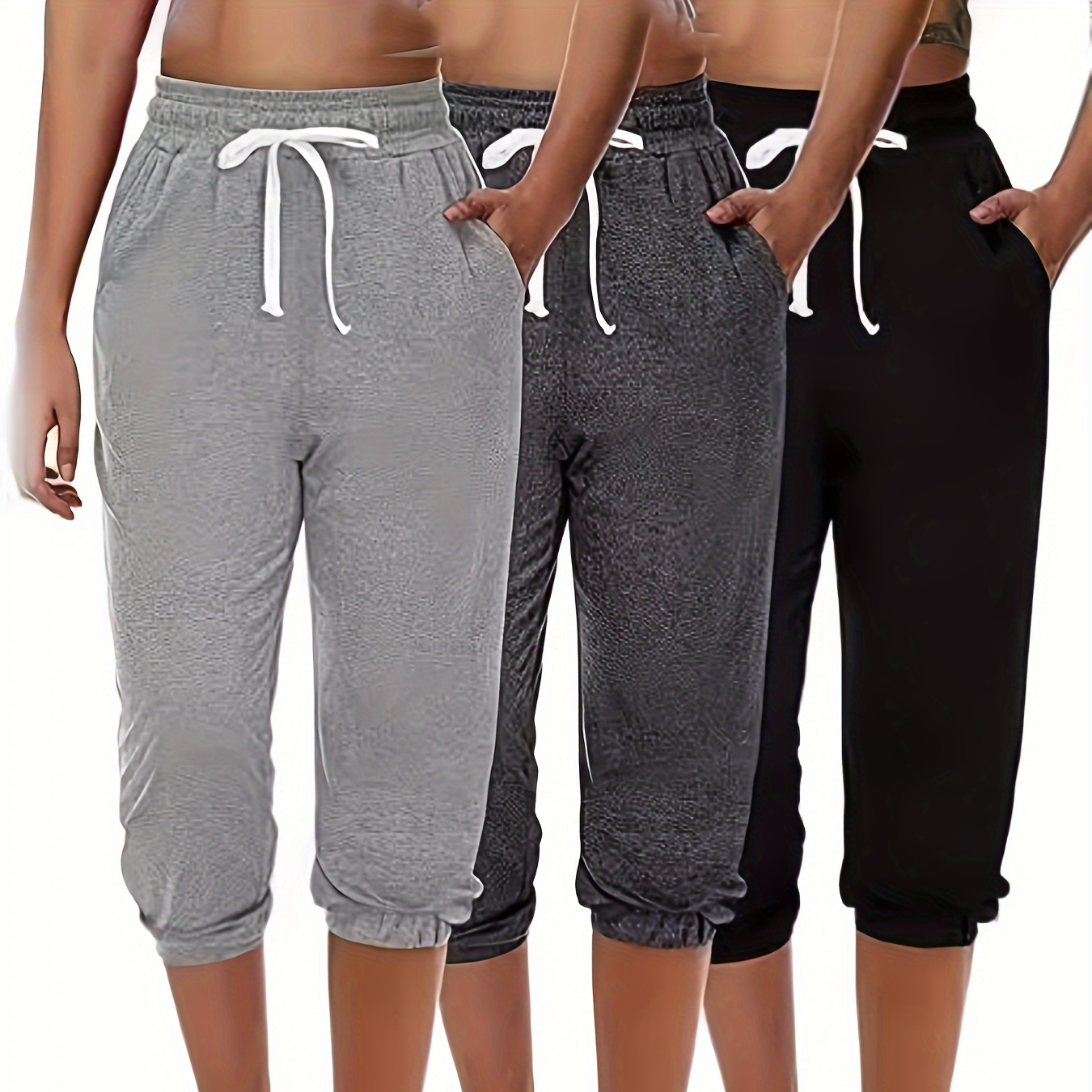 

3 Pack Drawstring Waist Capri Pants, Casual & Versatile High Waist Pants For Spring & Summer, Women's Clothing