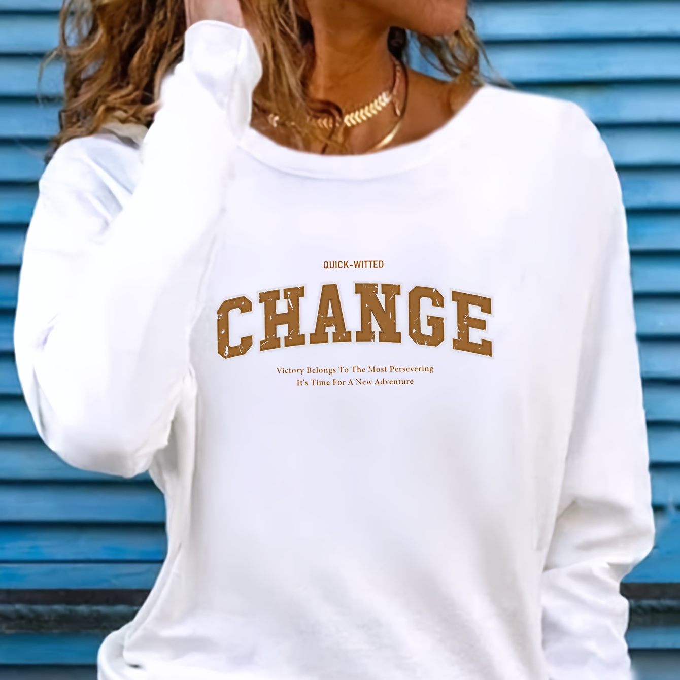 

Change Print T-shirt, Long Sleeve Casual Top For Fall & Spring, Women's Clothing