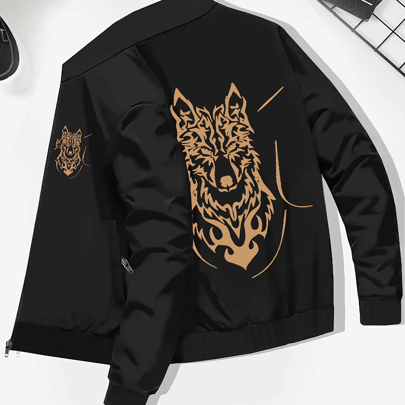 

Plus Size Wolf & Skull Graphic Print Men's Solid Zip Up Lapel Jacket With Side Pockets, Comfy Slightly Stretch Casual Coats, Men's Clothings