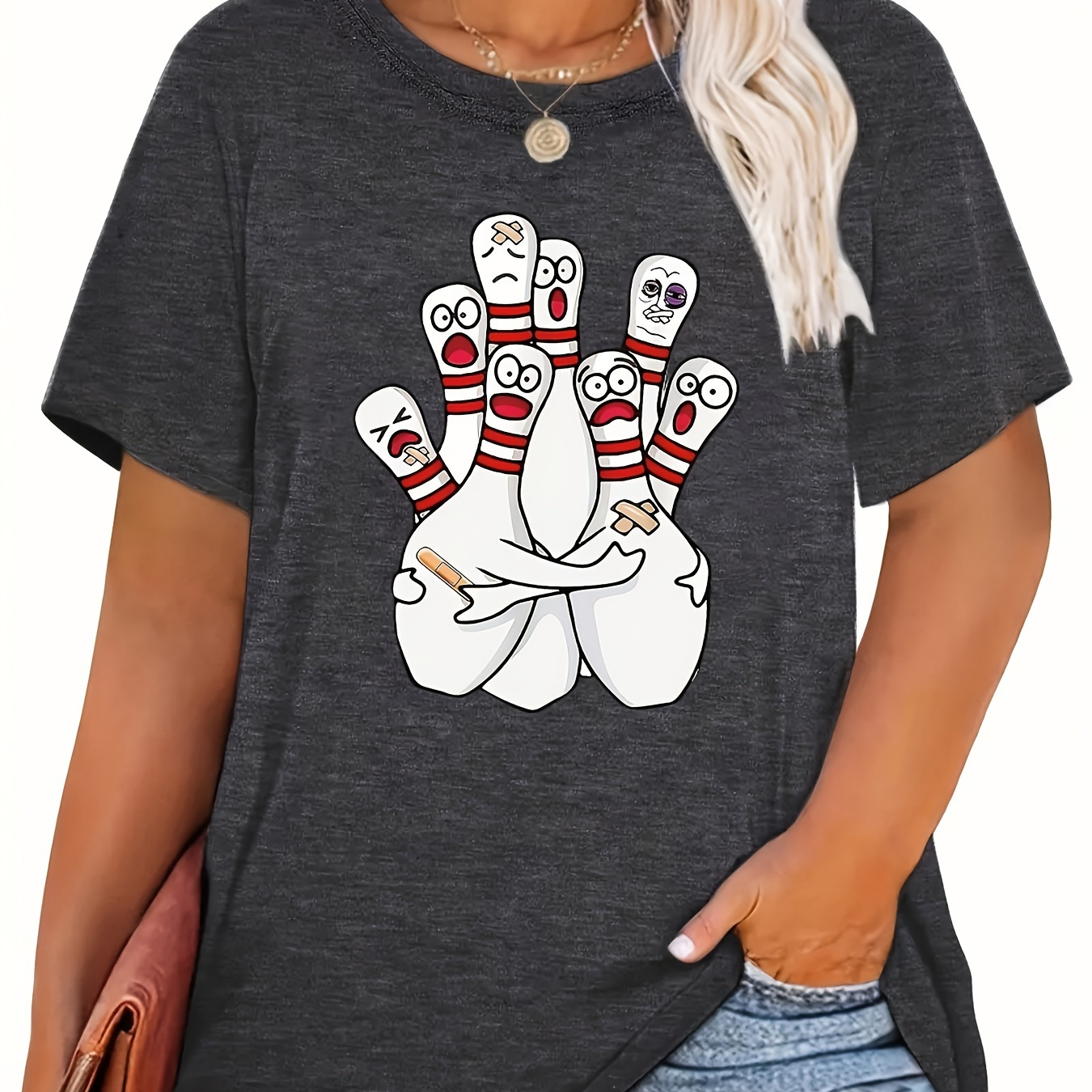 

Plus Size Bowling Print T-shirt, Casual Crew Neck Short Sleeve T-shirt, Women's Plus Size clothing