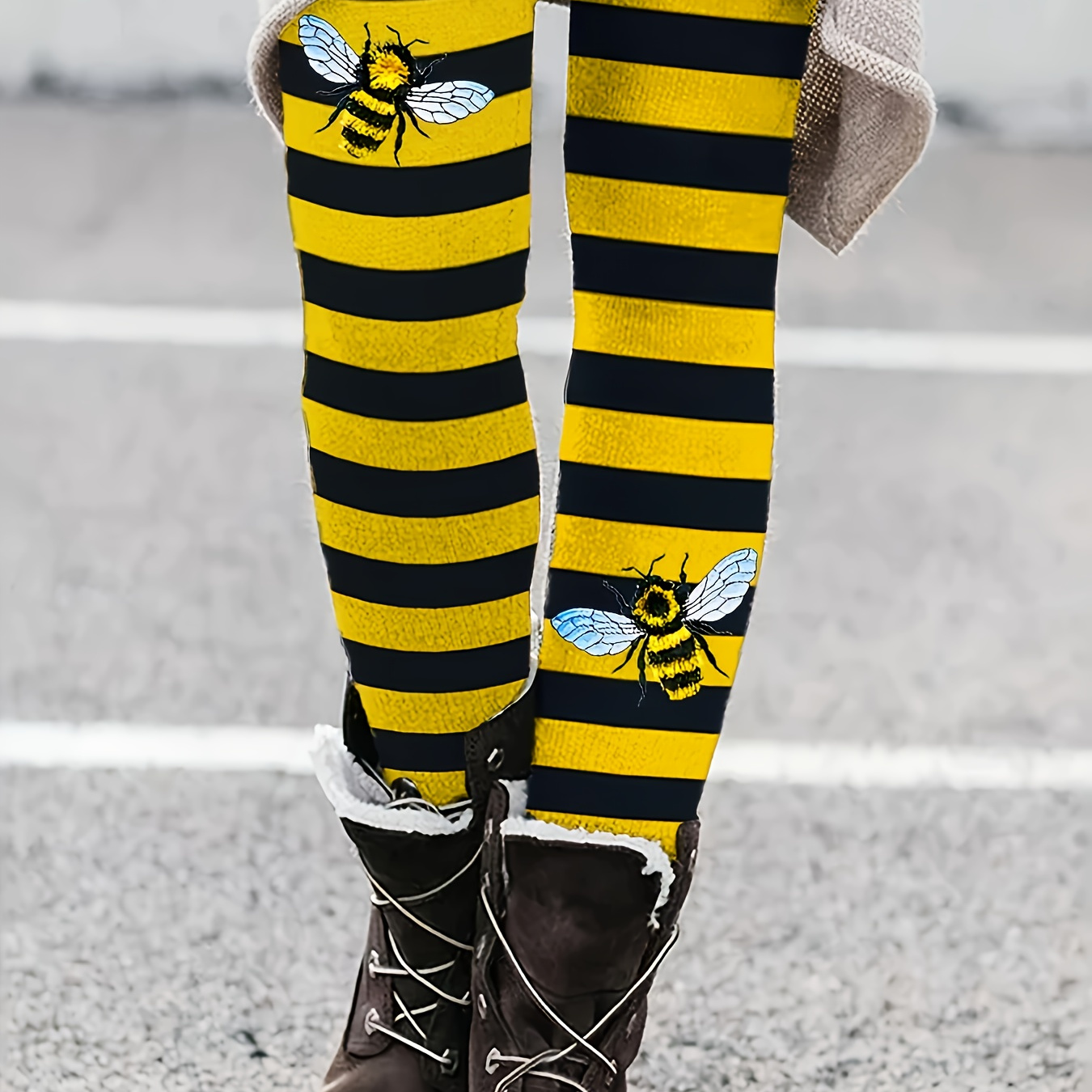 

Women's Stretchy Bee & Stripes Print Leggings - Casual Knit Polyester Pants With Waistband, Black & Yellow Animal Design, Comfortable Wear