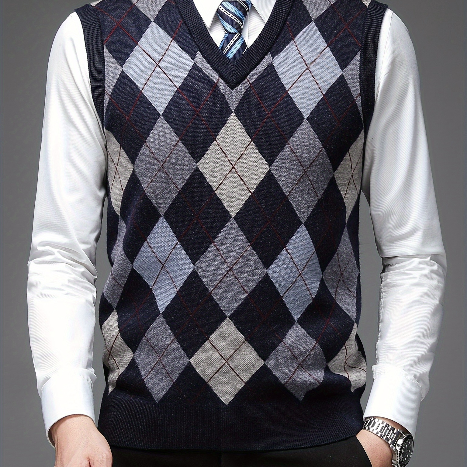 

Men's Argyle Knitted Sleeveless Sweater, Formal V Neck Slim-fit Vest For Outdoor Activities