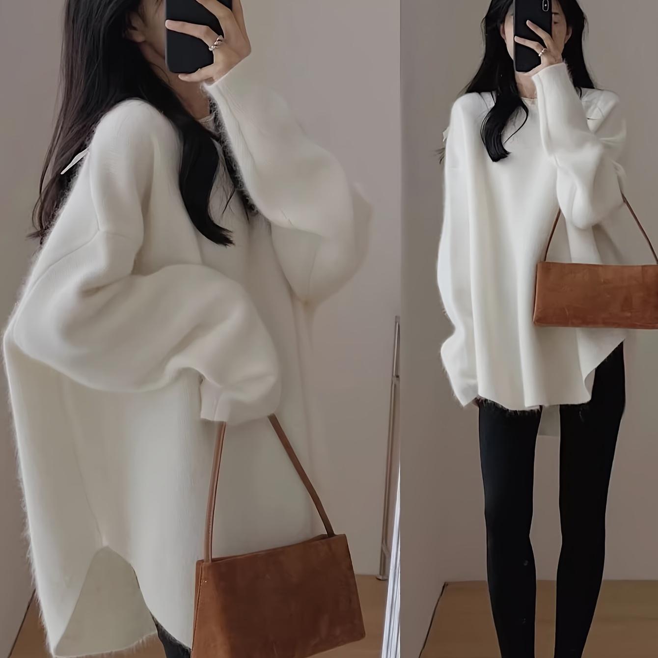 

Elegant White Knit Sweater For Women - Chic Long Sleeve, Crew Neck Pullover, Fall/winter