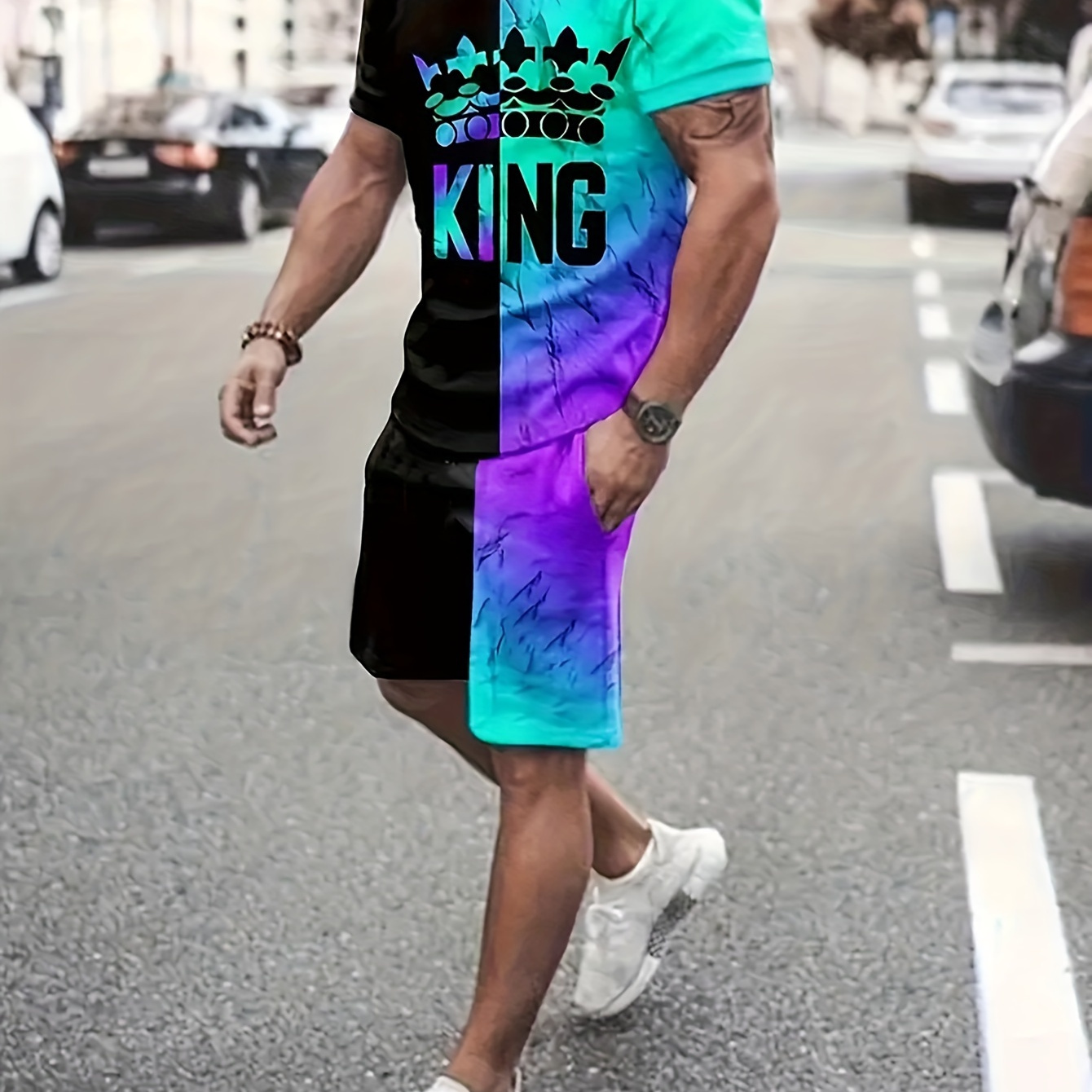 

2pcs Fashion Suit, Men's Fashion Color Block & King Print T-shirt & Casual Slightly Stretch Breathable Shorts For Outdoor