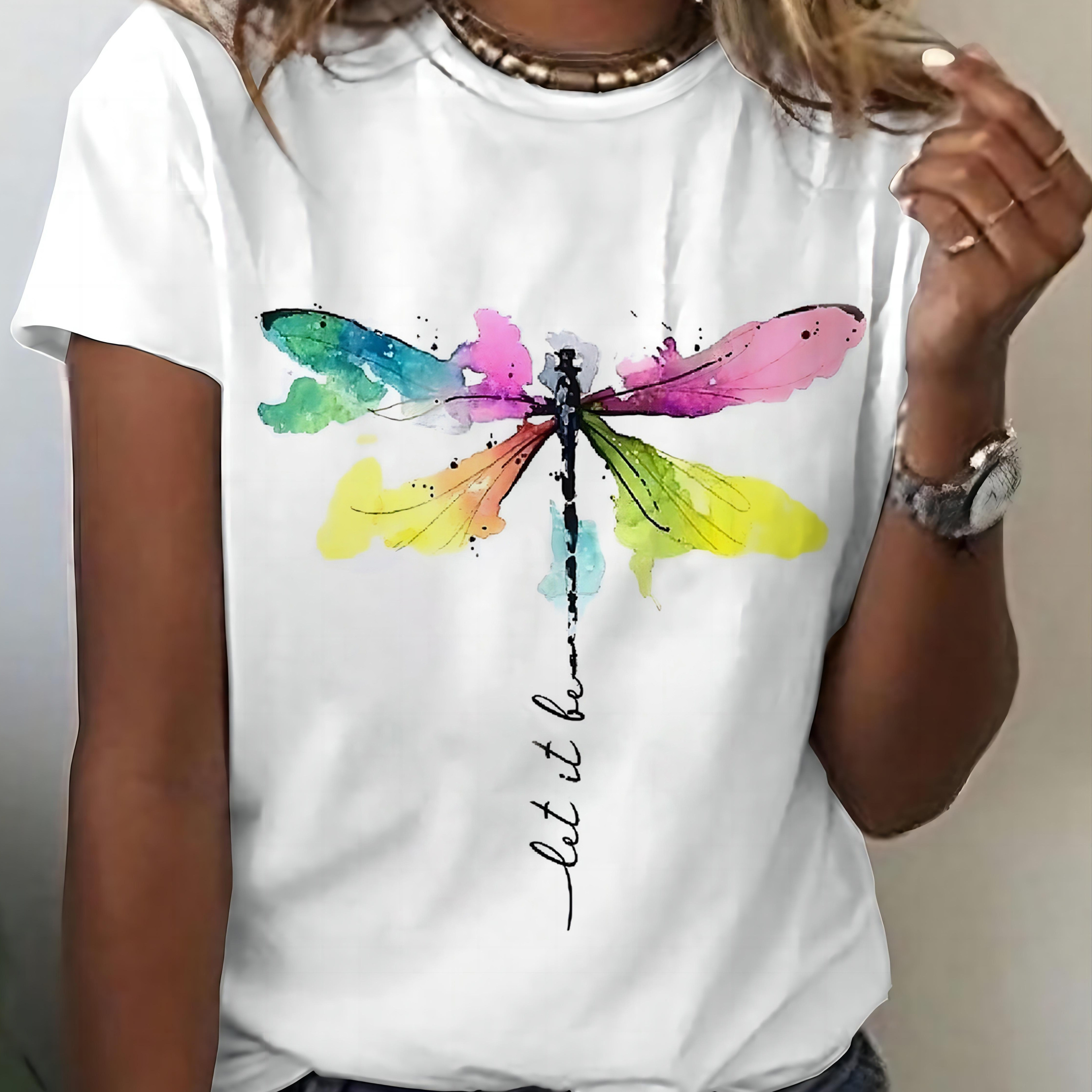 

Women's Fashion Casual White Tee, Dragonfly Art With Inspirational Quote, Short-sleeved Round Neck T-shirt, Summer Style Top