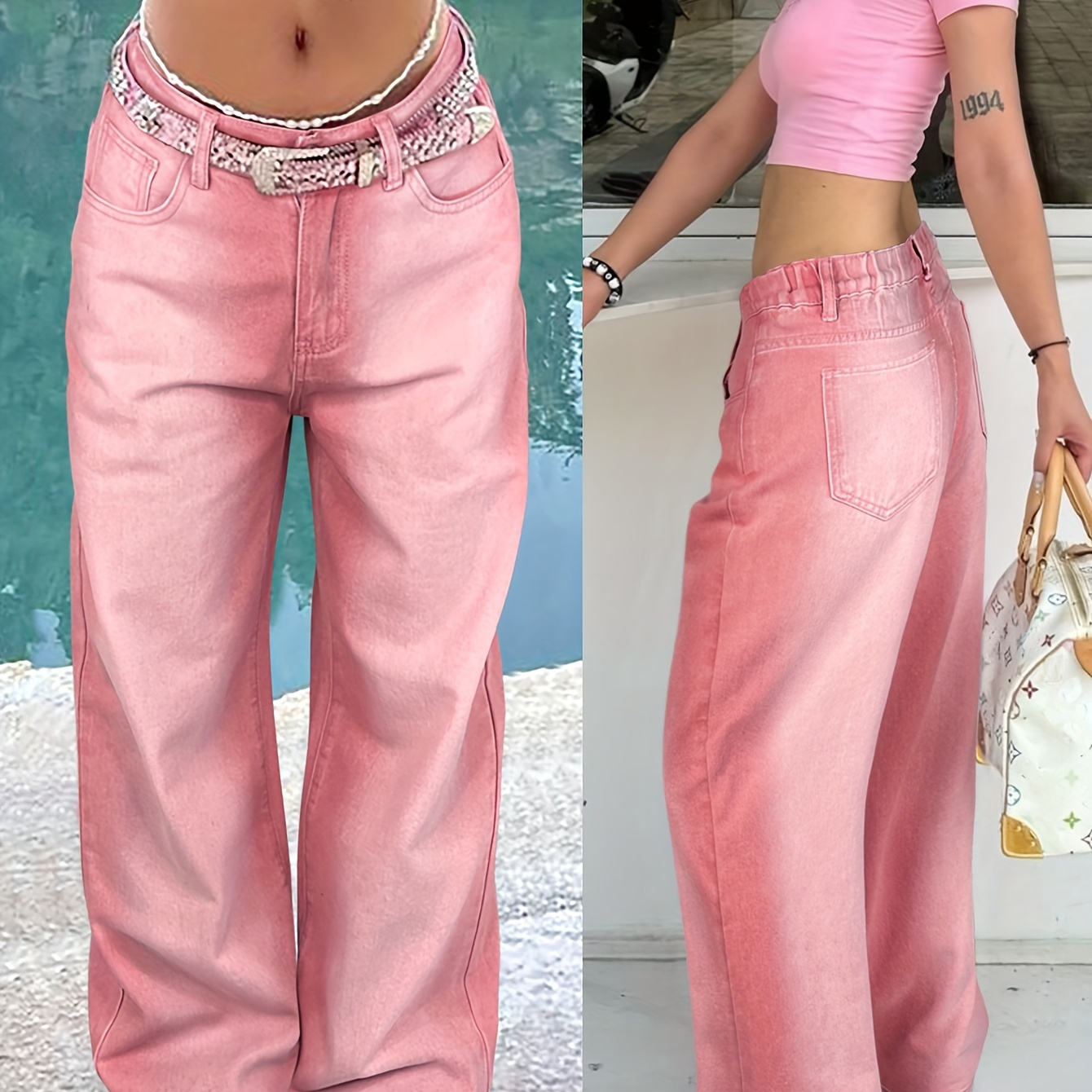 

Women's Pink Wide-leg Jeans Mid-waist With Pockets, Cotton- Denim, Long Street--leg Trousers, Casual Vintage-look Pants For Wear
