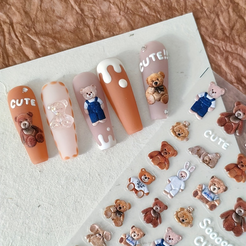 

5d Embossed Cartoon Bear Nail Art Sticker, Brown Bear Nail Foil Decals, Manicure Nail Art Accessories