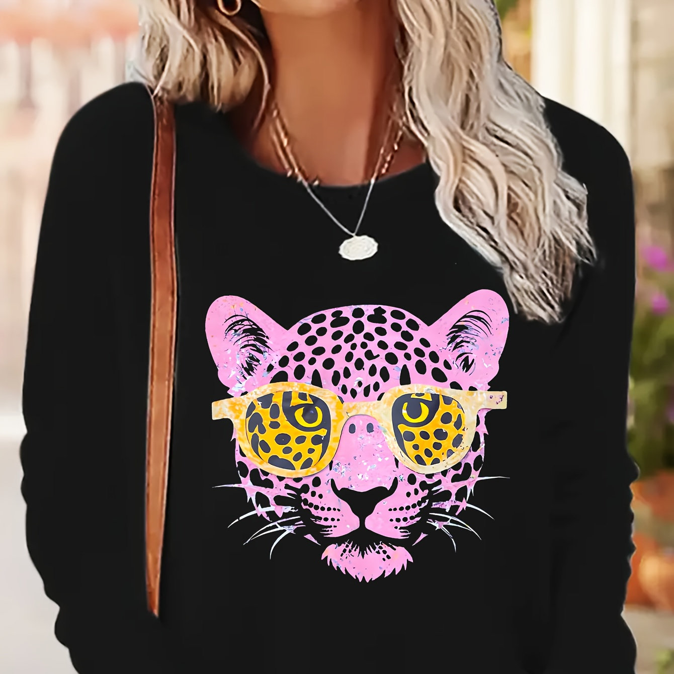 

Graphic , Chic Print Long Sleeve T-shirt - Casual Crew Neck, Soft Polyester, Machine Washable - Women's Fashion, , T-shirt, Long Sleeve, Casual Top
