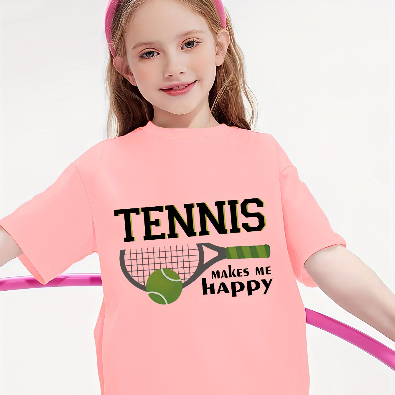 

Tennis Makes Me Happy Graphic, Versatile 95% Cotton T-shirt For Girls Summer Sports Gift