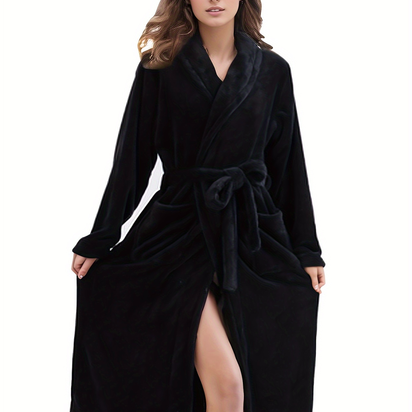 

Bathrobe For Women Autumn And Winter Flannel Robe Warm Long Solid Color Lapel Double Pockets Fleece Nightwear