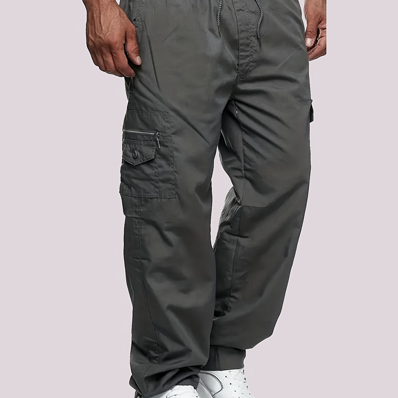 

Casual Solid Men's Loose Drawstring Cargo Pants With Multiple Pockets, All Outdoor, And Work