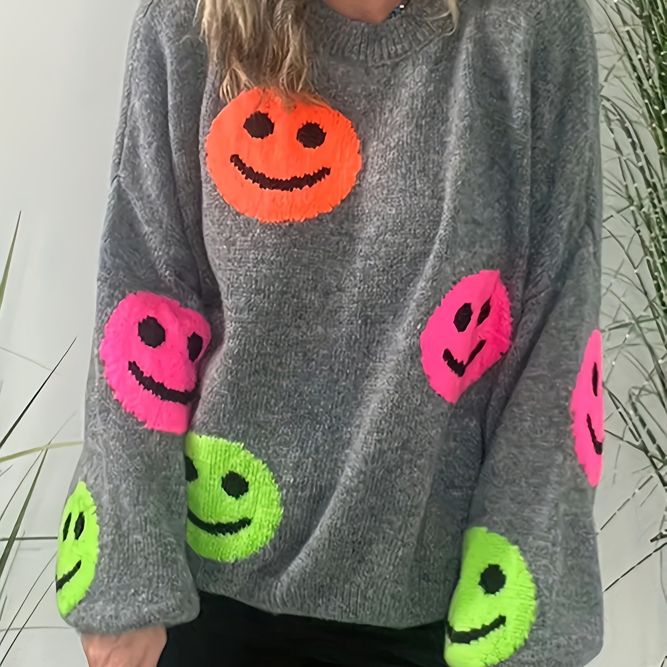 

Smile Face Pattern Drop Shoulder Sweater, Stylish Crew Neck Long Sleeve Pullover Sweater For Winter & Fall, Women's Clothing